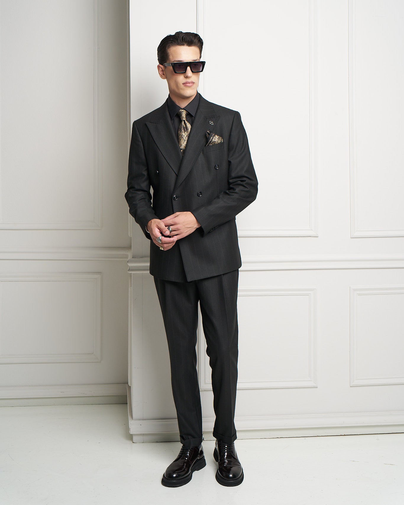 Black Pinstripe Double-Breasted Tailored Jacket