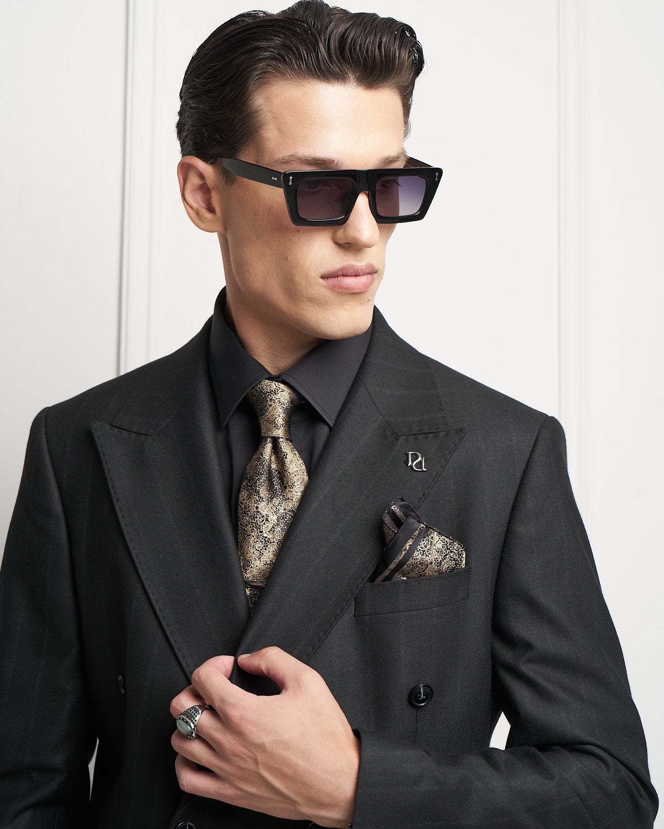 Black Pinstripe Double-Breasted Tailored Jacket