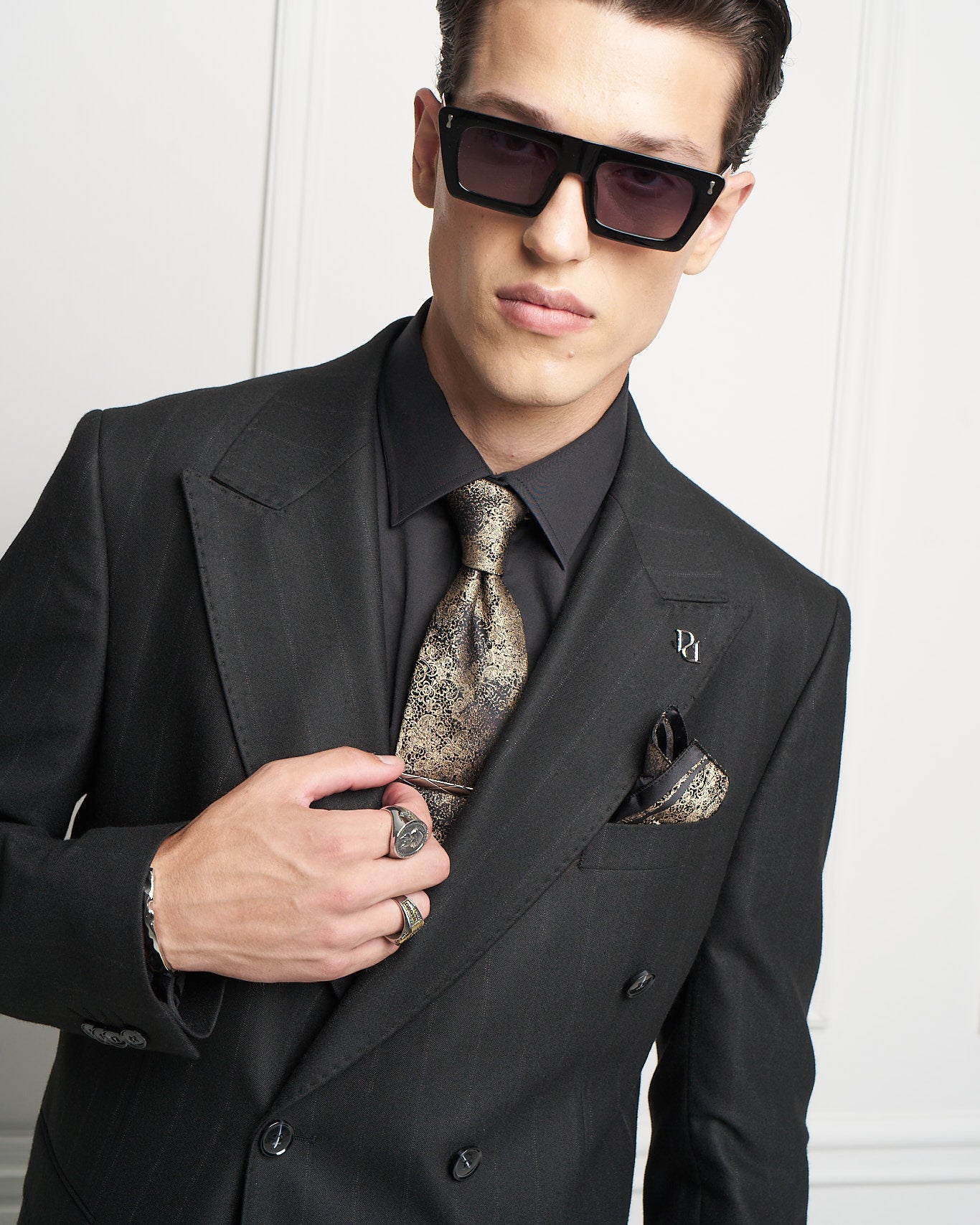 Black Pinstripe Double-Breasted Tailored Jacket
