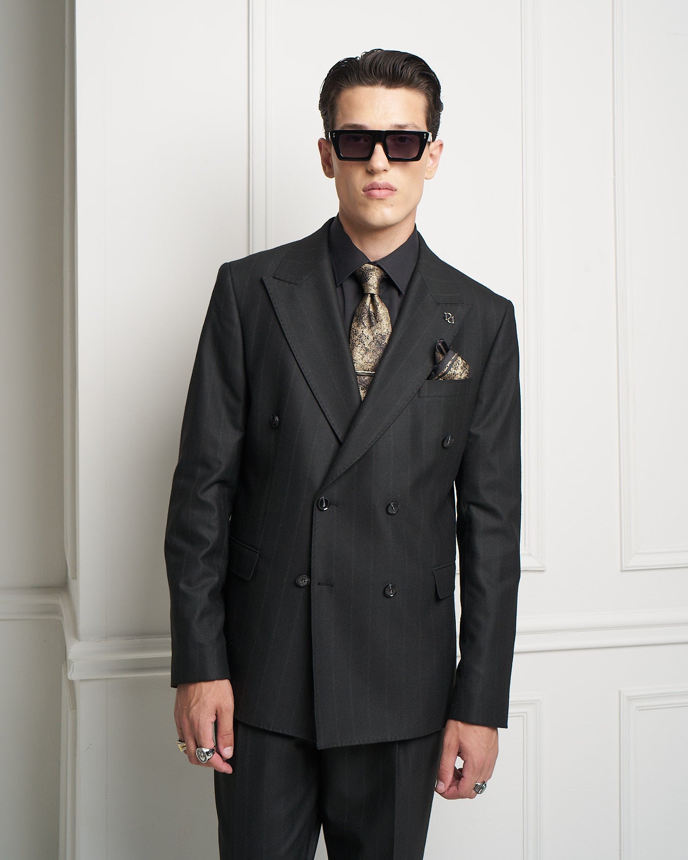Black Pinstripe Double-Breasted Tailored Jacket