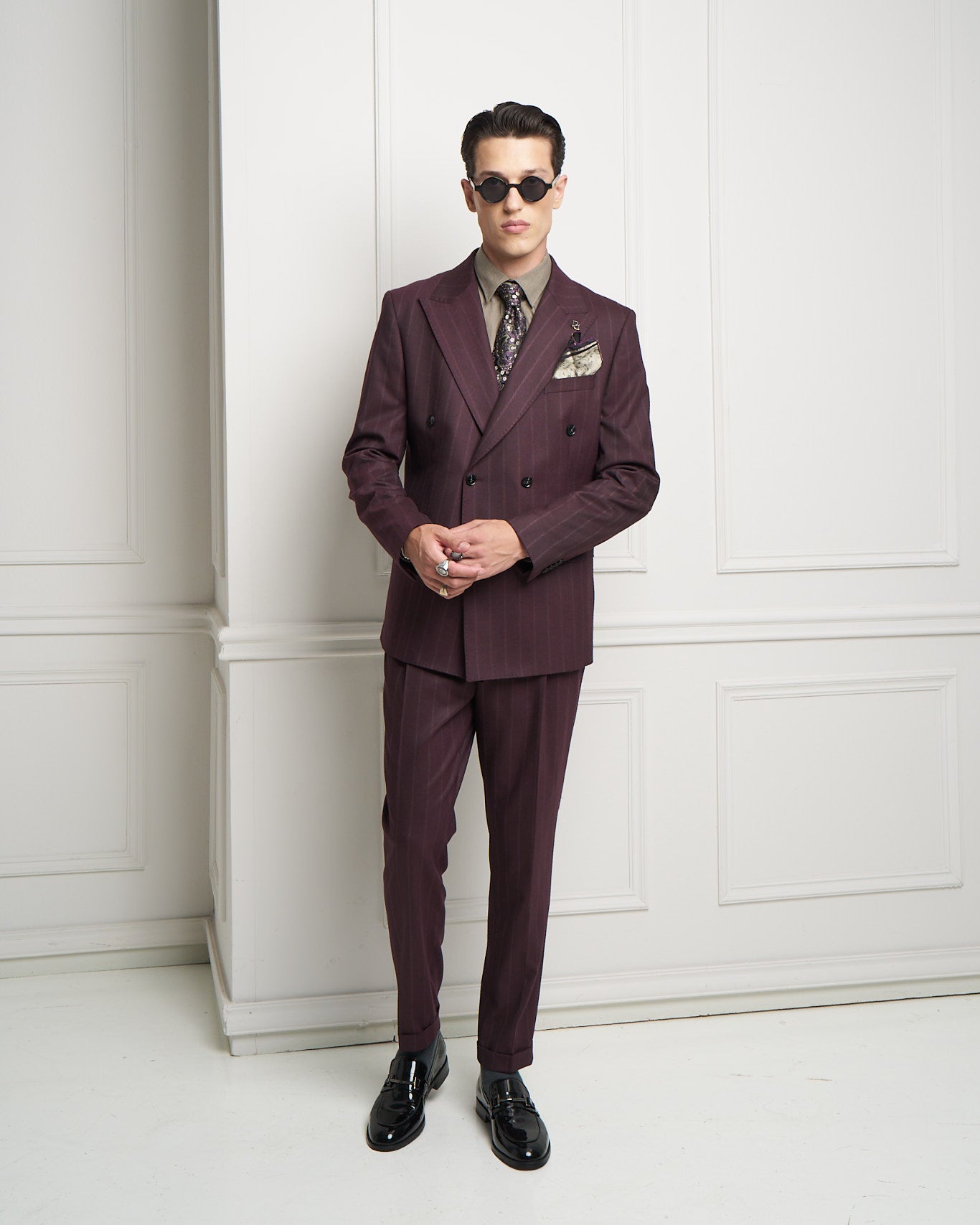 Burgundy Pinstripe Double-Breasted Tailored Jacket