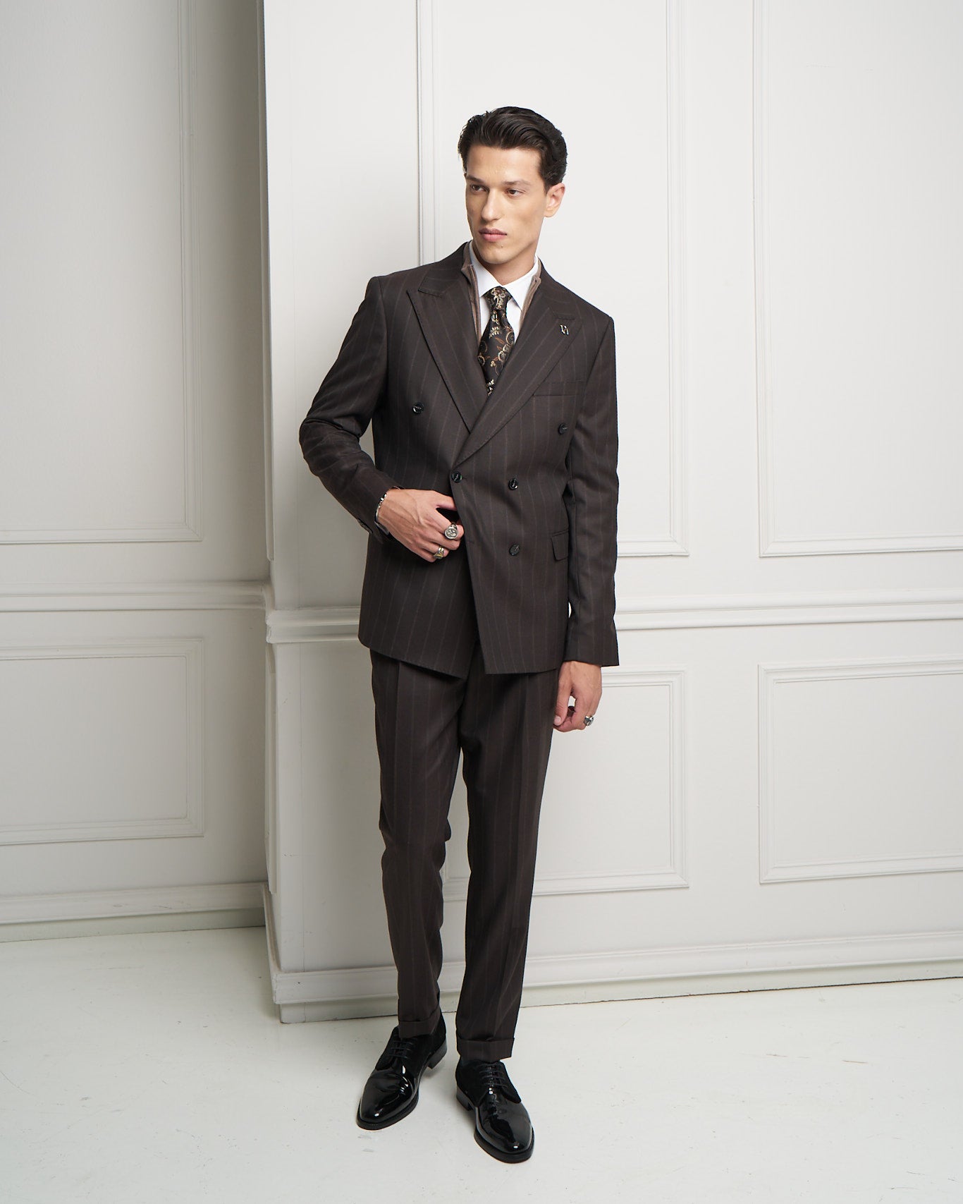 Brown Pinstripe Double-Breasted Tailored Jacket
