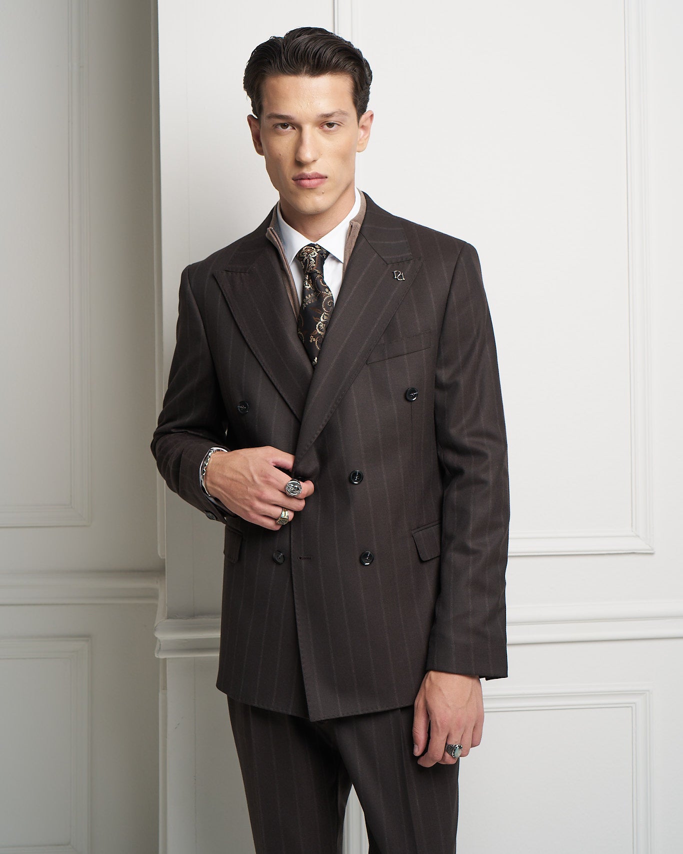 Brown Pinstripe Double-Breasted Tailored Jacket