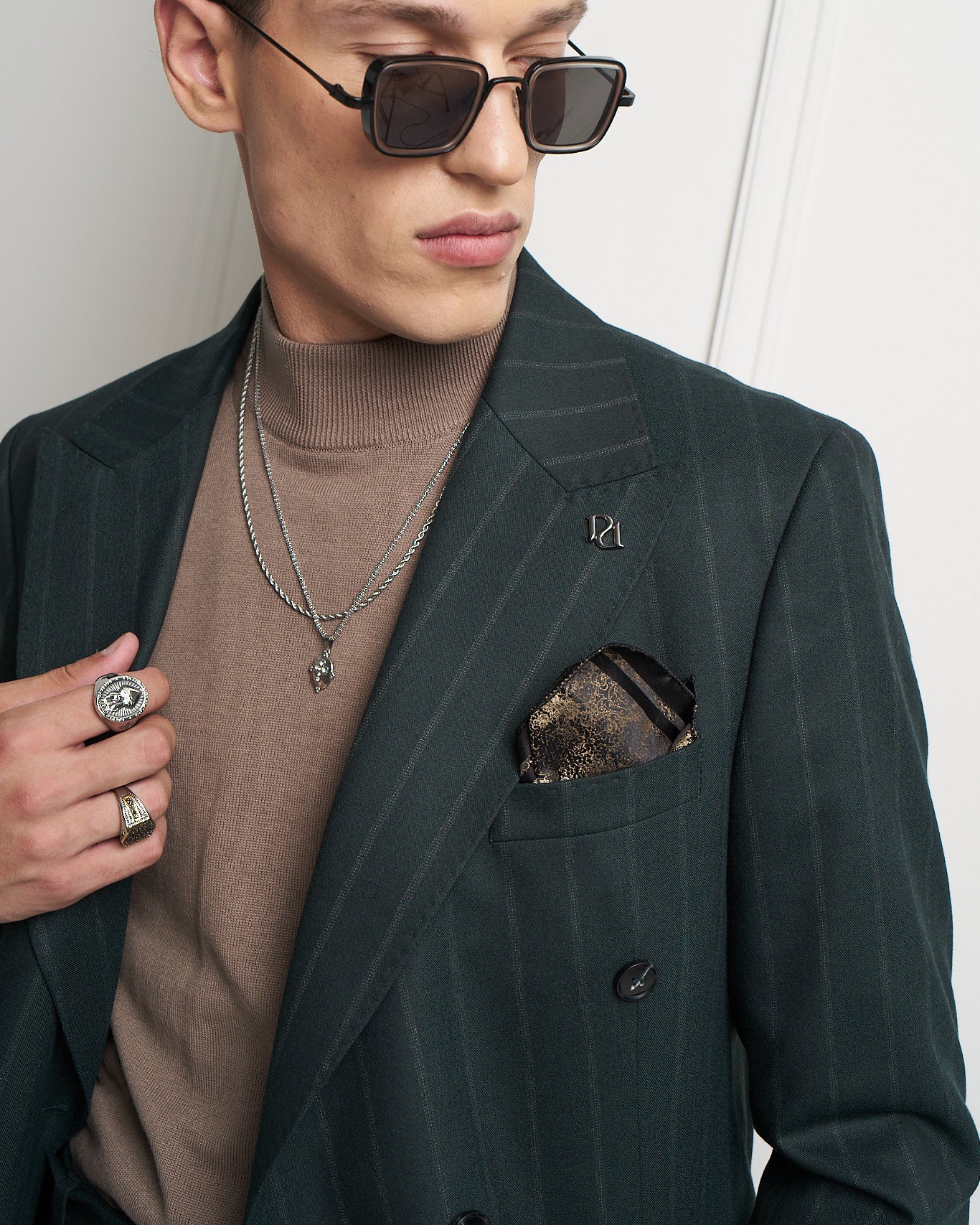 Deep Green Pinstripe Double-Breasted Tailored Jacket