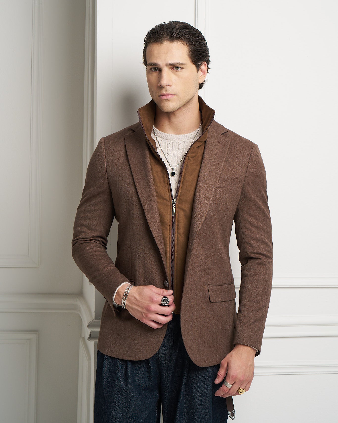 Chocolate Layered Tailored Jacket with Removable Zip-Up Insert