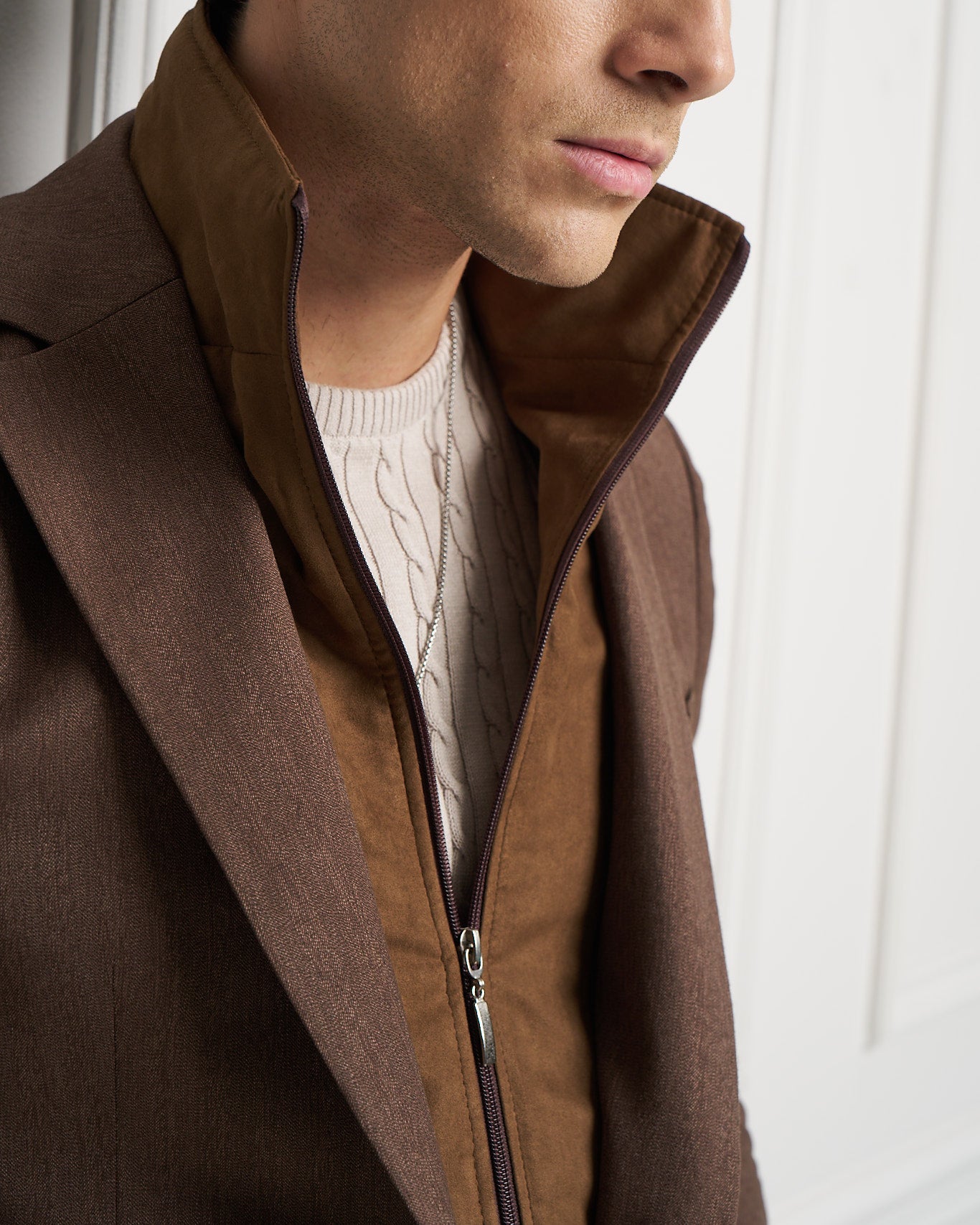 Chocolate Layered Tailored Jacket with Removable Zip-Up Insert