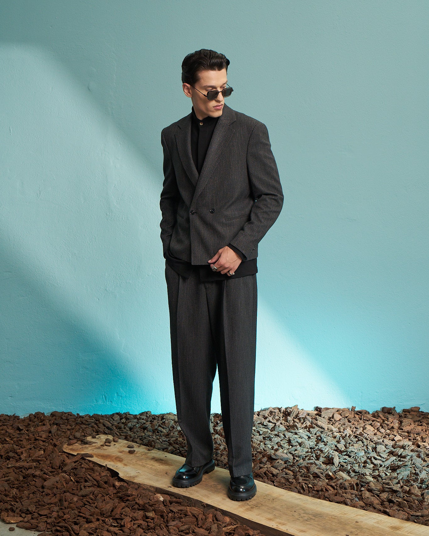 Grey Herringbone Double-Breasted Jacket