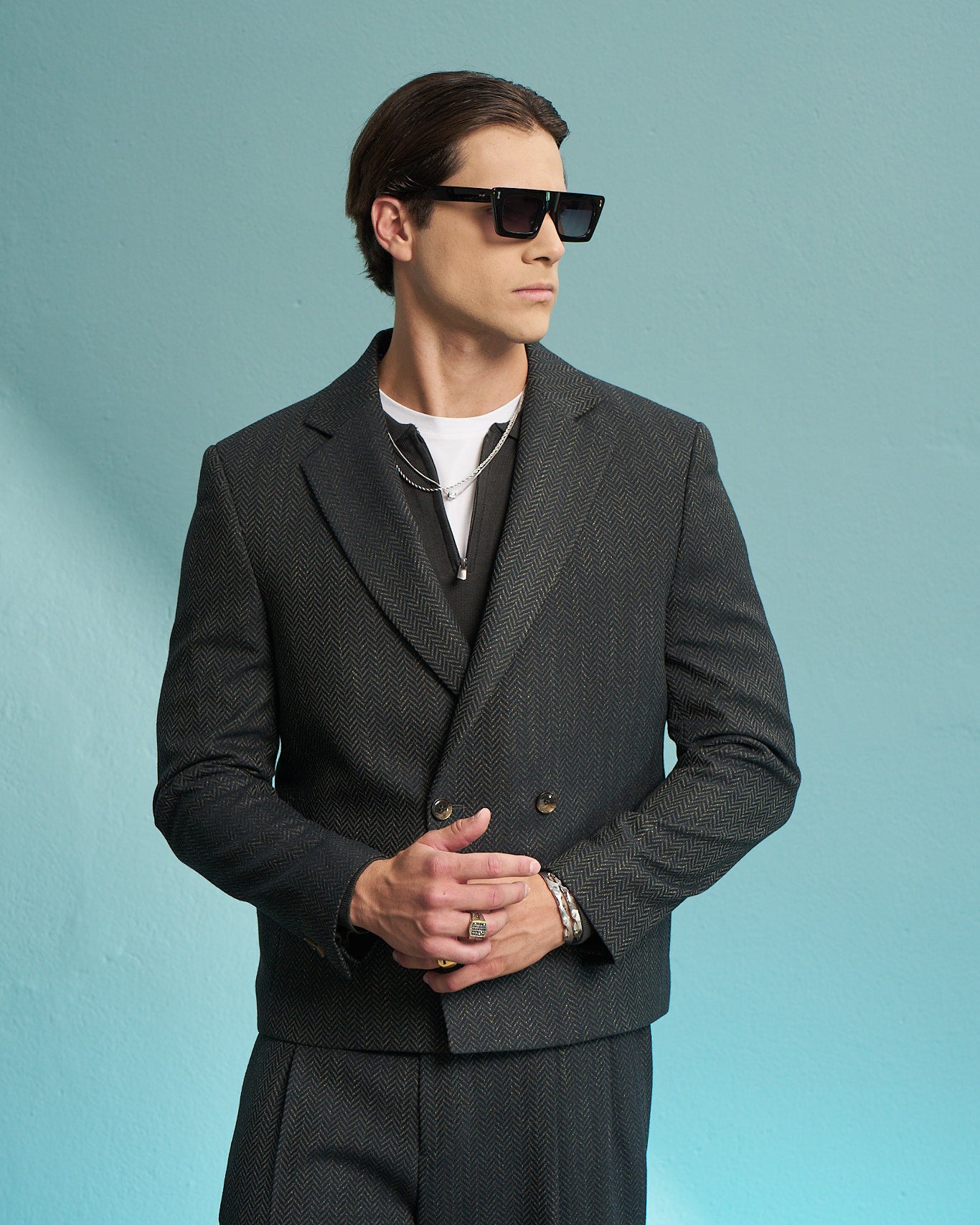 Olive Herringbone Double-Breasted Jacket