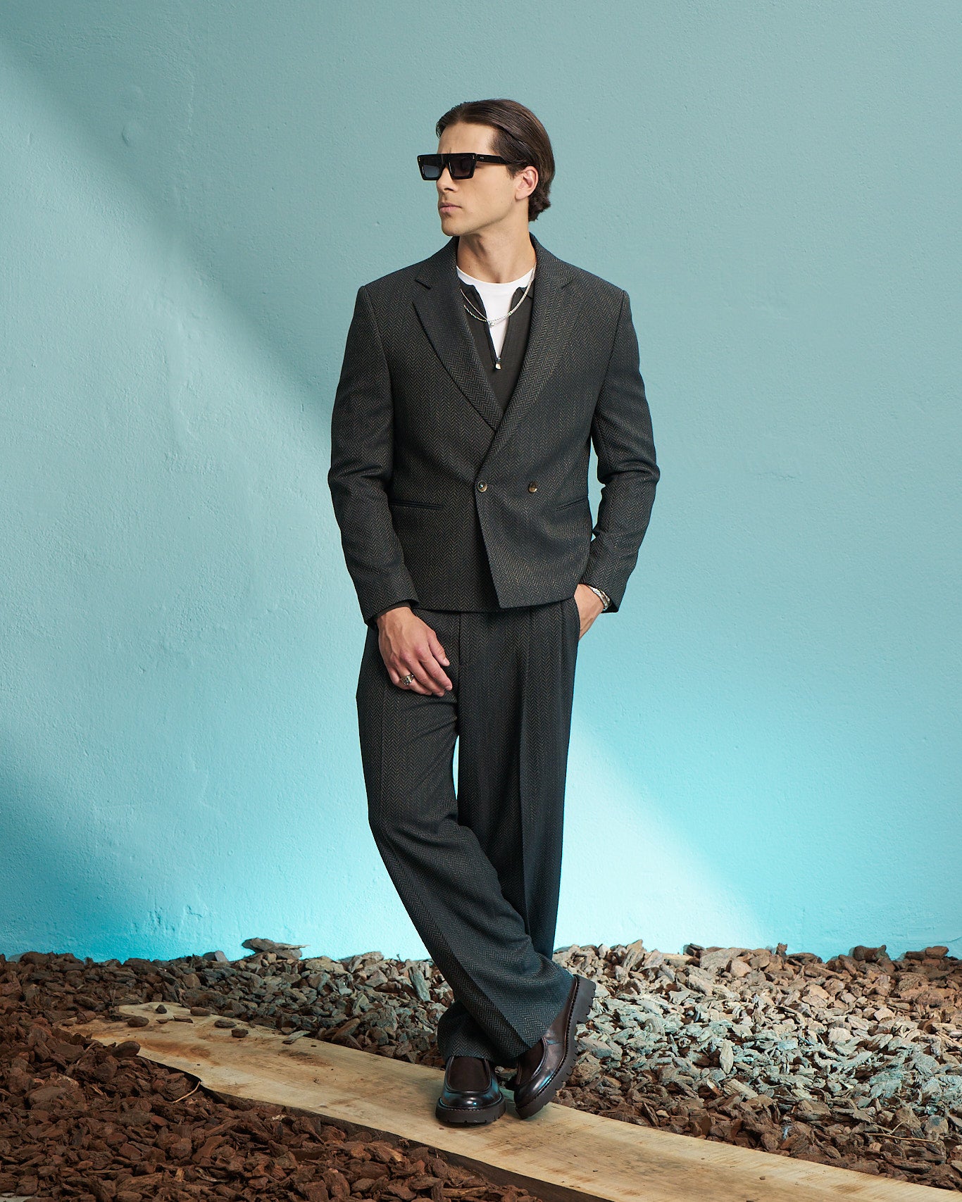 Olive Herringbone Double-Breasted Jacket
