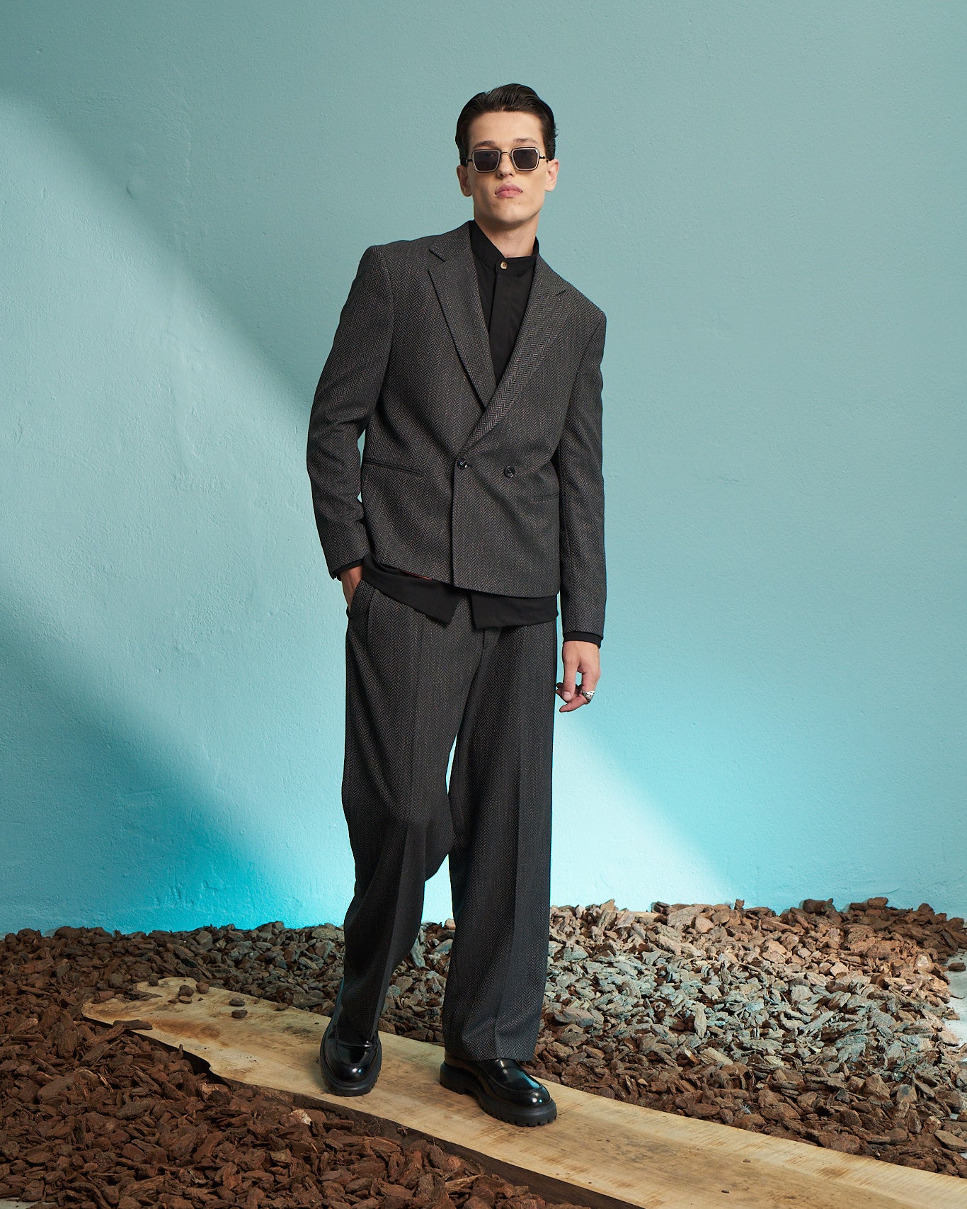 Herringbone Double-Breasted Tailored Jacket