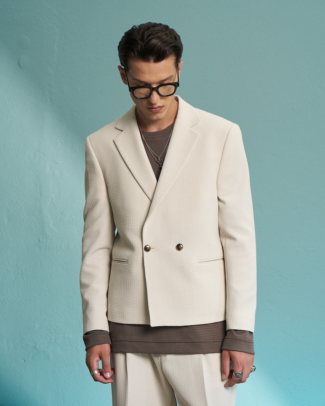 Ivory Textured Double-Breasted Jacket