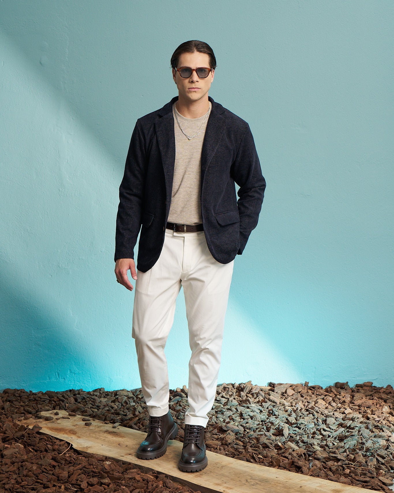 Navy Mélange Single-Breasted Jacket