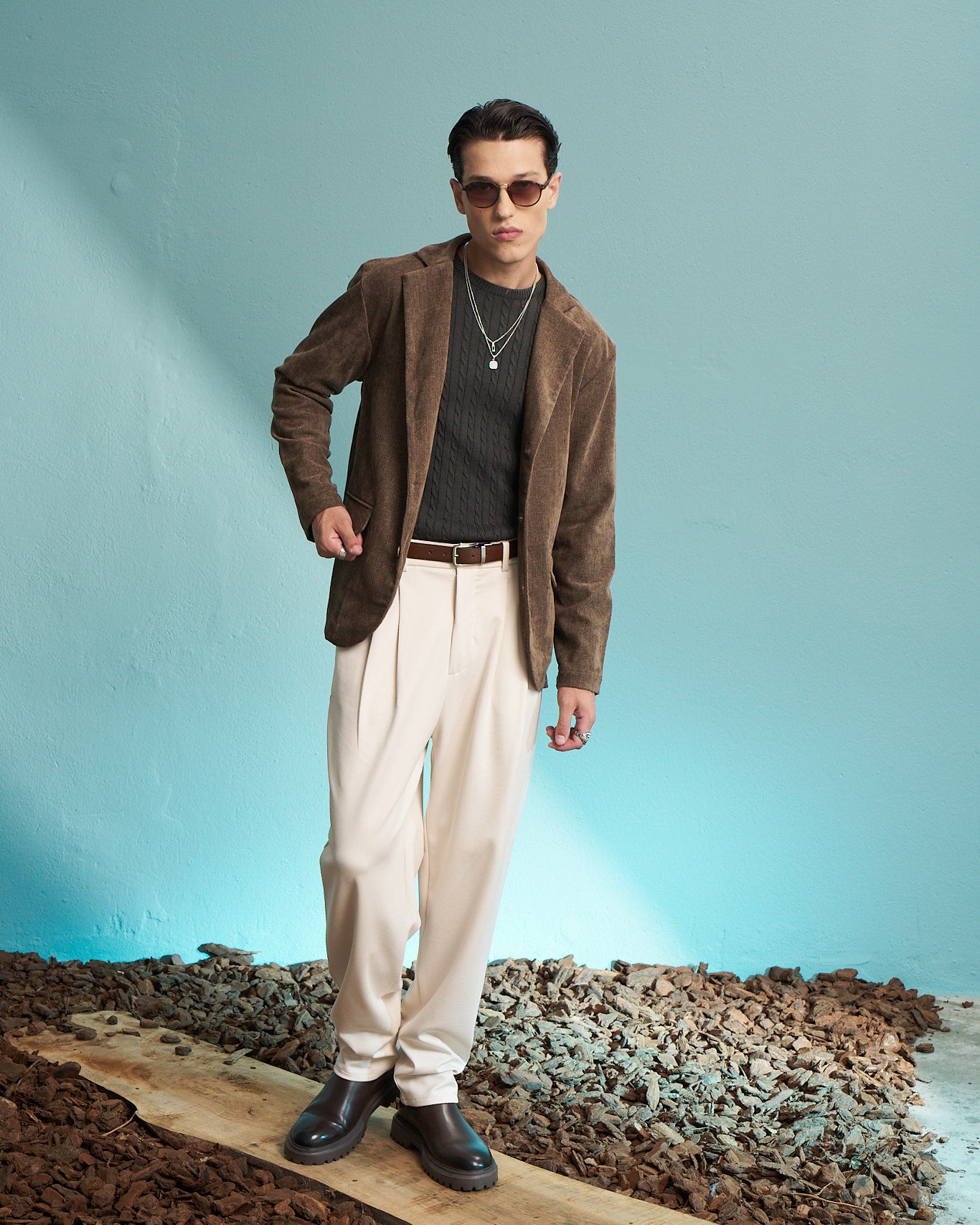 Brown Linen-Blend Single-Breasted Jacket