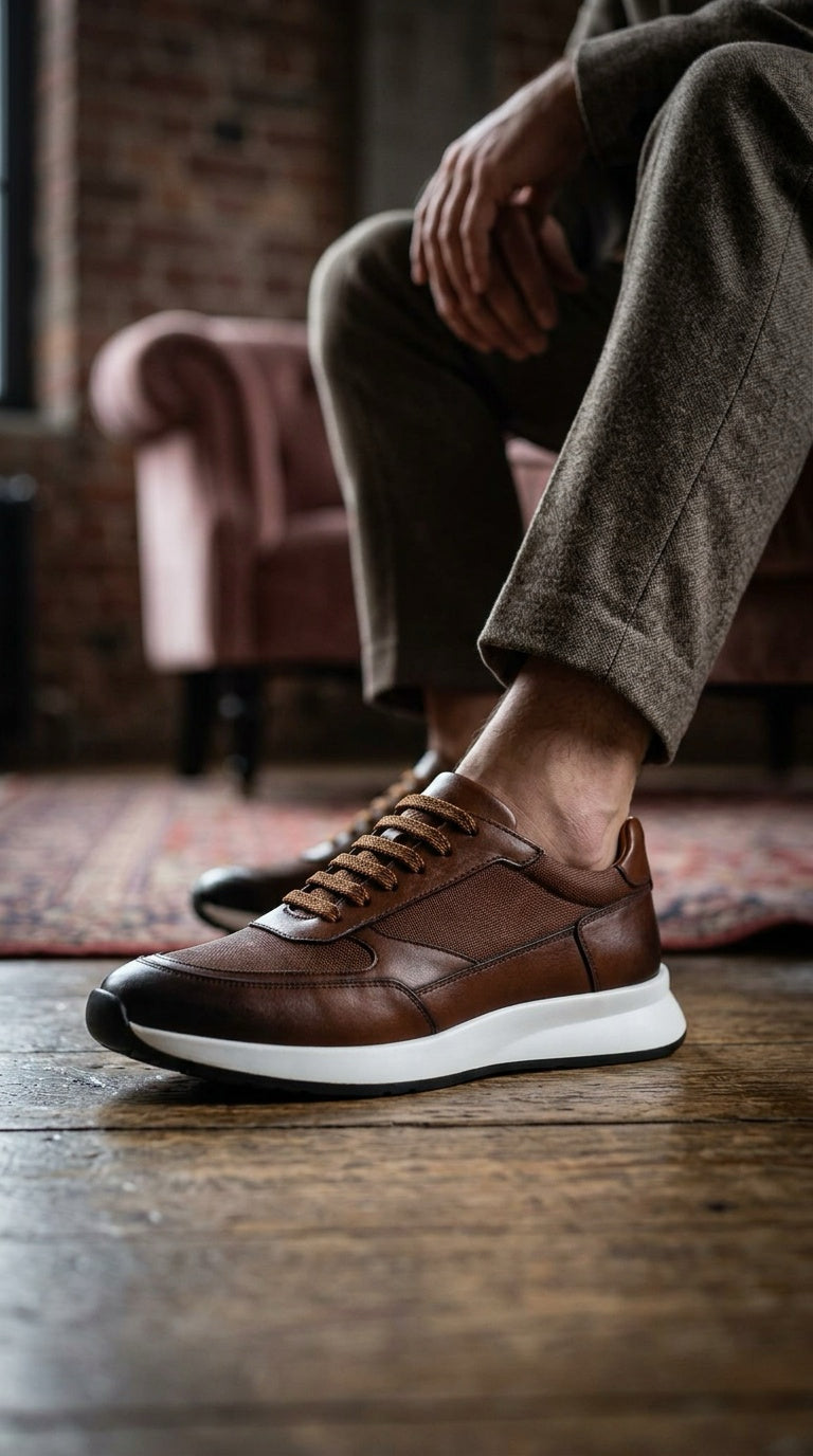 Leather & Knit Runner Sneaker - Taba
