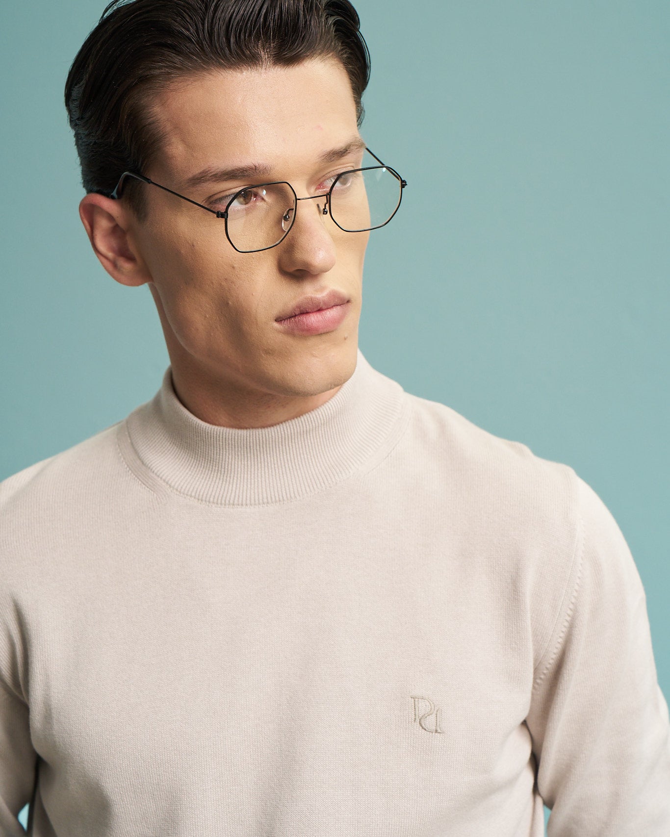 Beige 100% Cotton Mock Neck Sweater