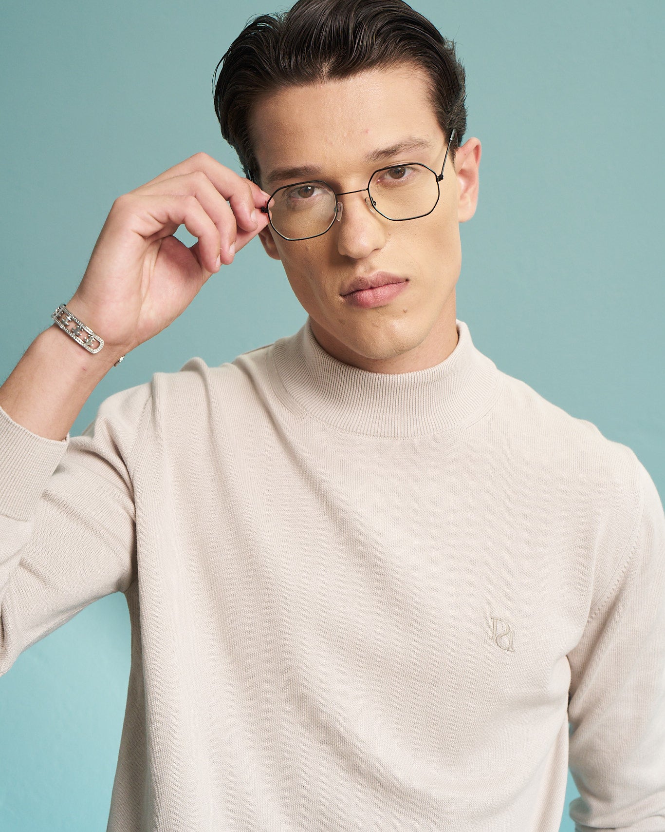 Beige 100% Cotton Mock Neck Sweater