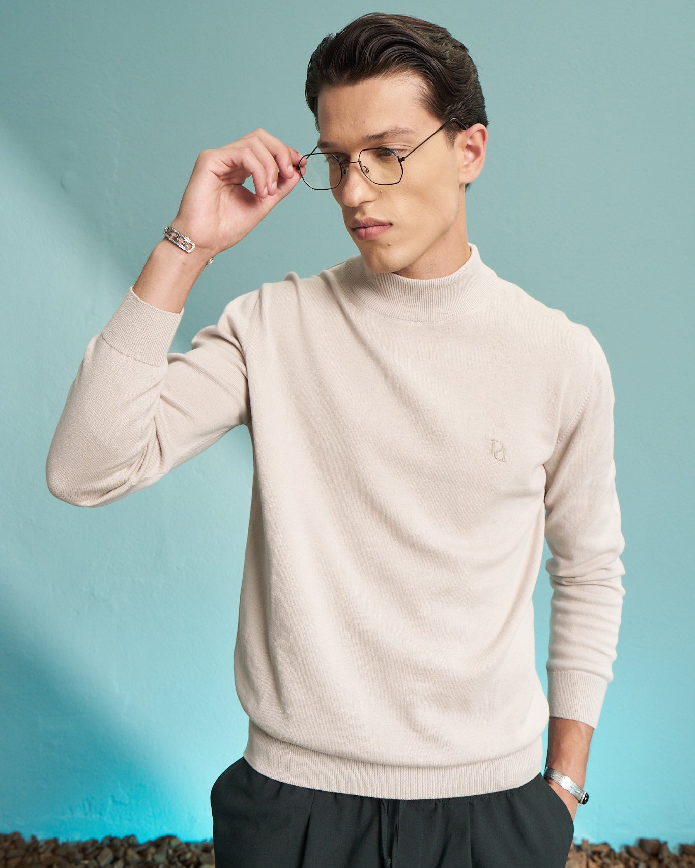 Beige 100% Cotton Mock Neck Sweater