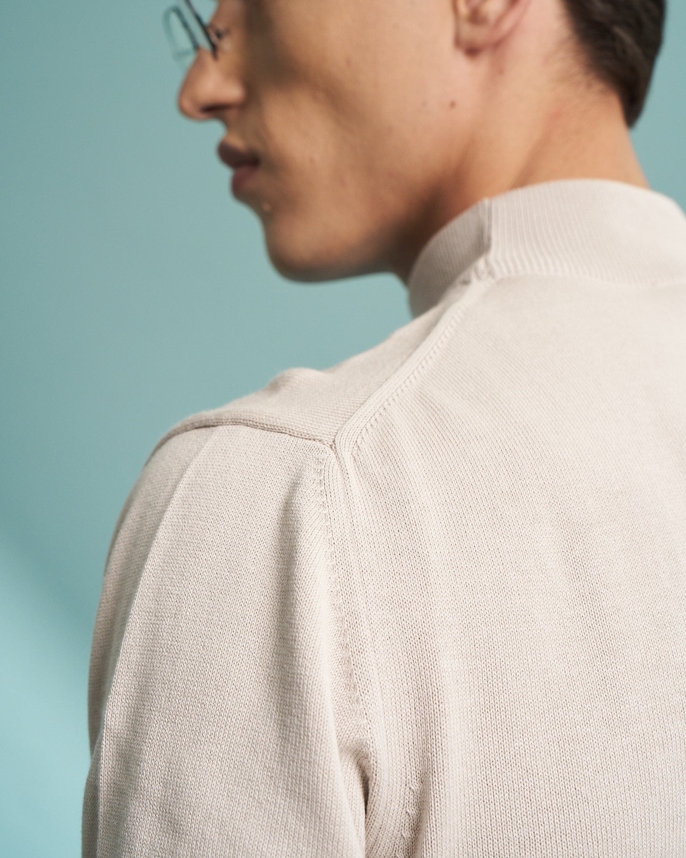 Beige 100% Cotton Mock Neck Sweater