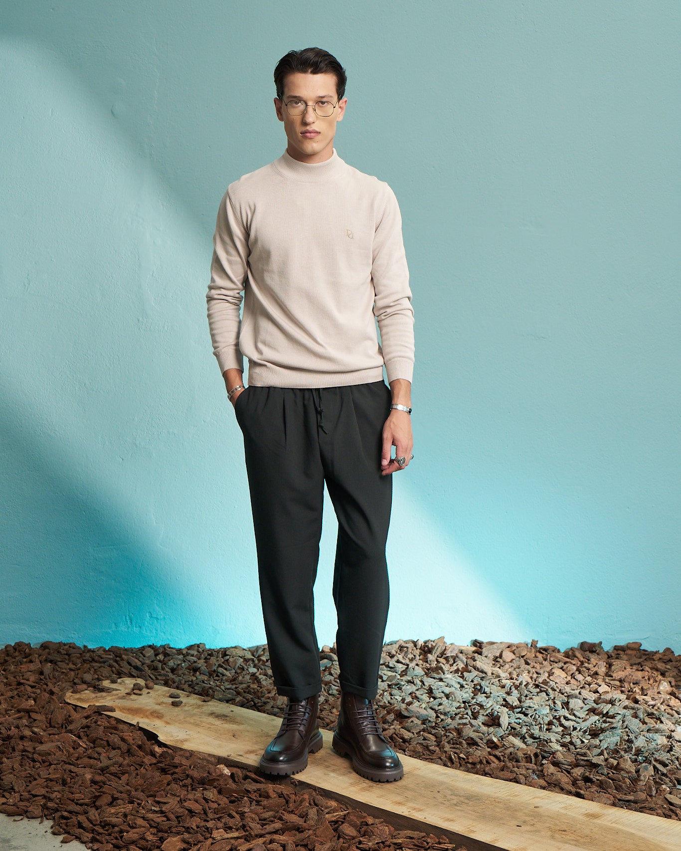 Beige 100% Cotton Mock Neck Sweater