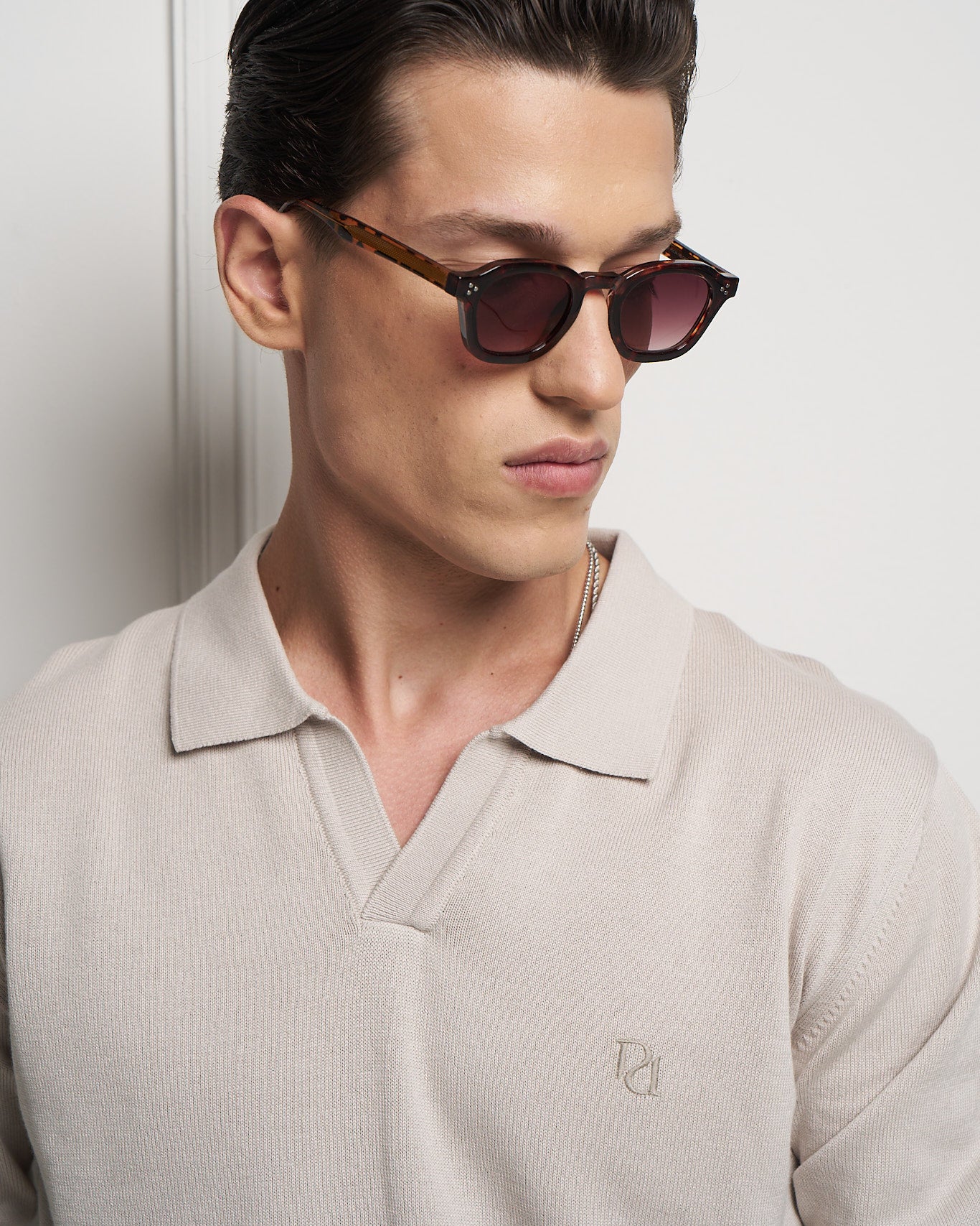 Beige 100% Cotton Knit Polo Sweater