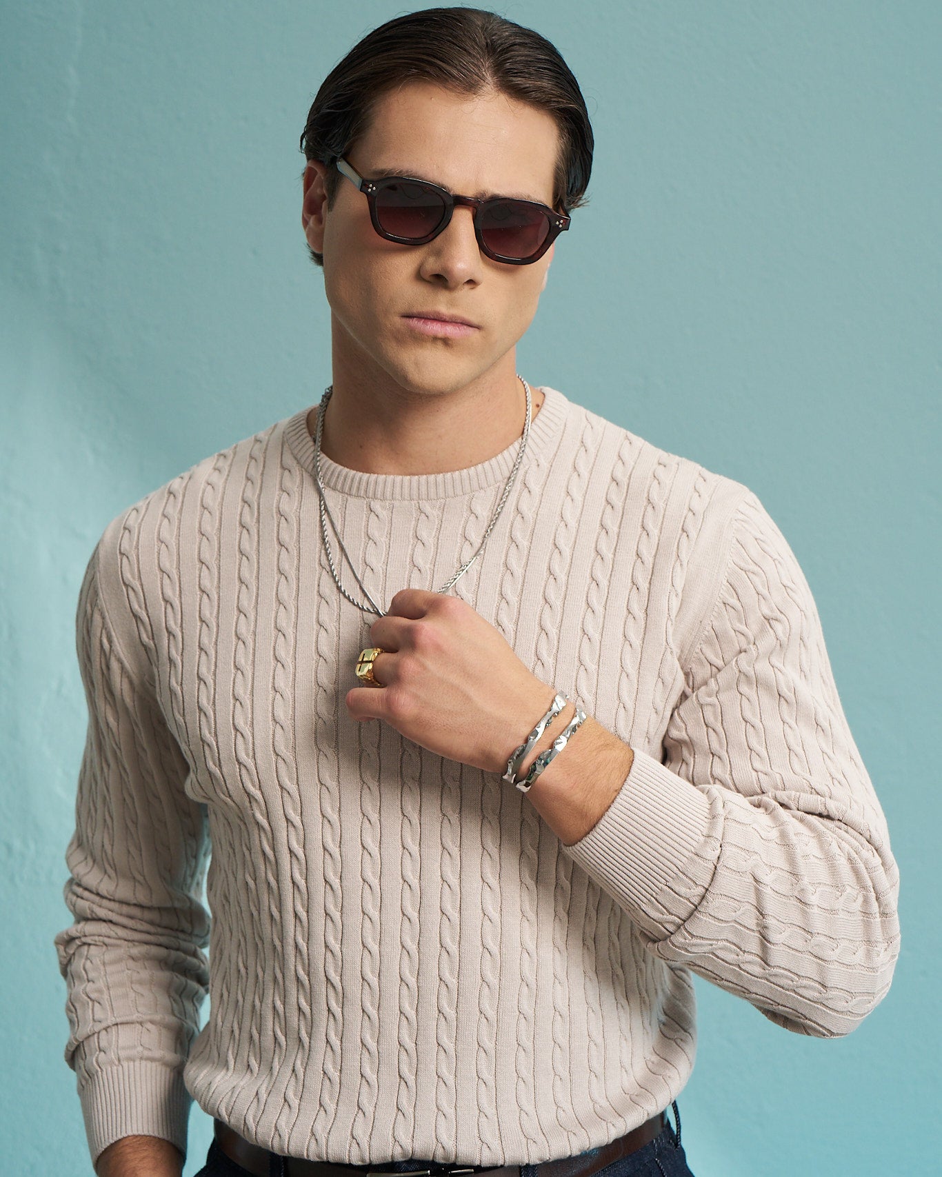 Beige 100% Cotton Cable Knit Sweater