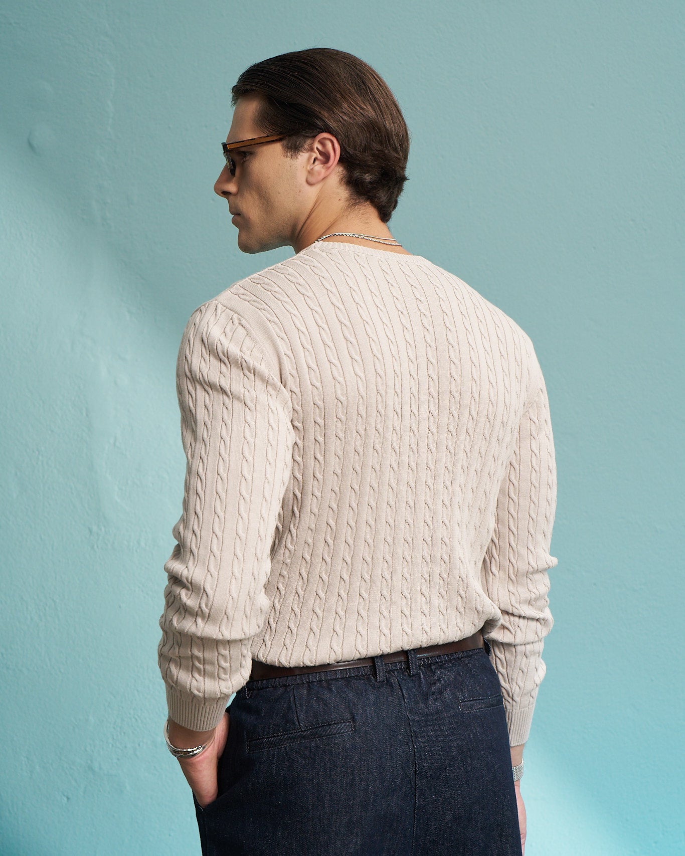 Beige 100% Cotton Cable Knit Sweater