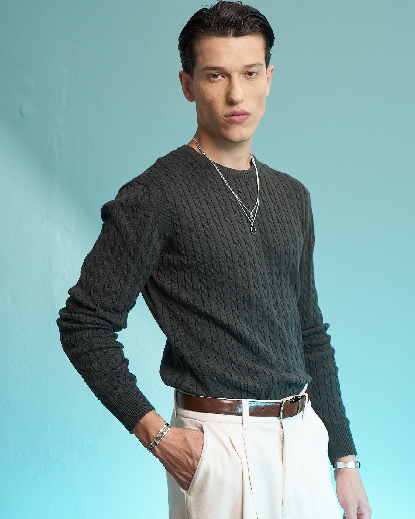 Green 100% Cotton Cable Knit Sweater