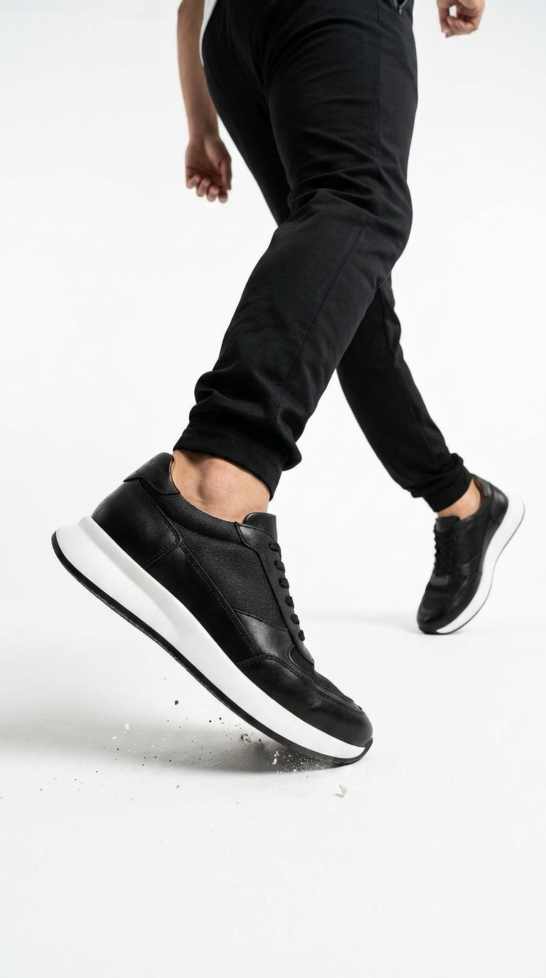 Leather & Knit Runner Sneaker - Black