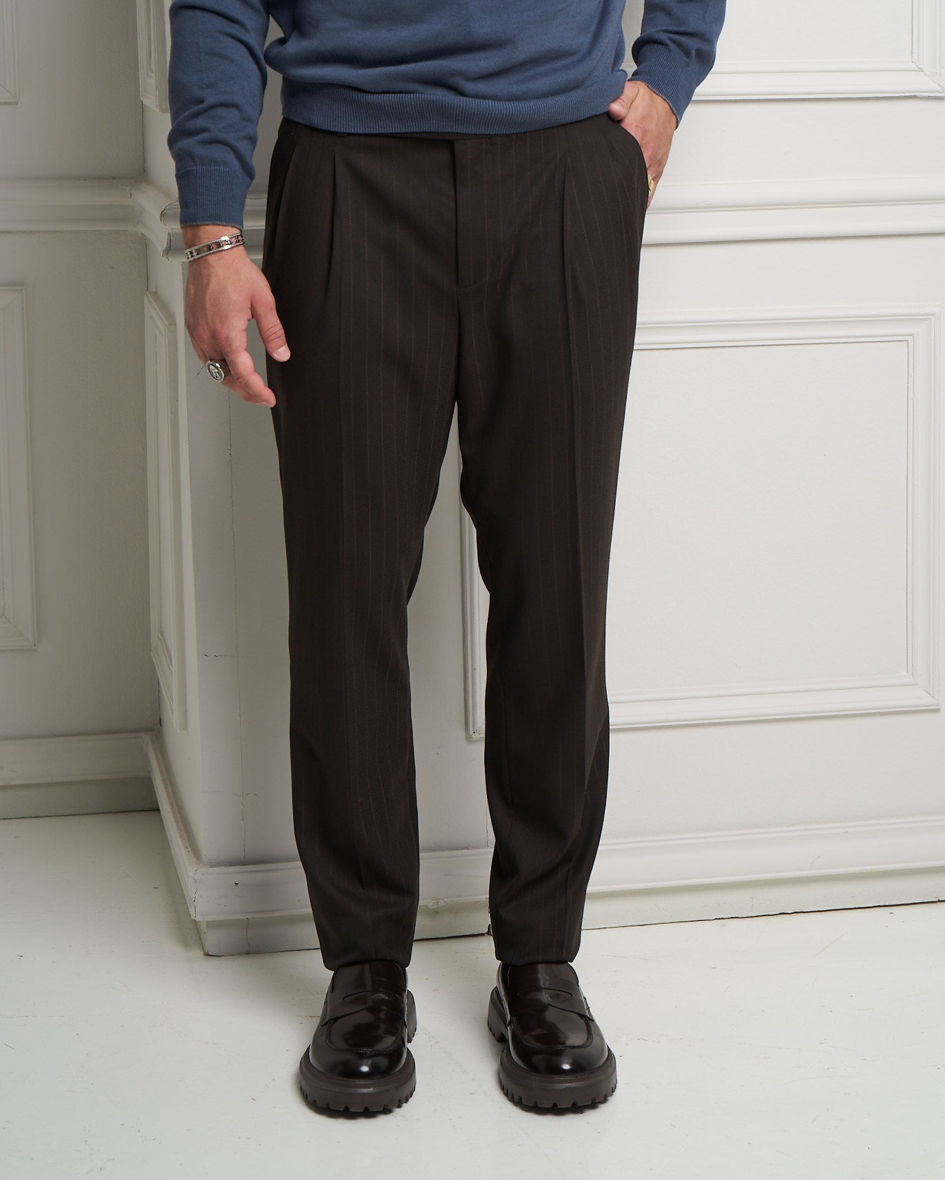 Chocolate Brown Pinstripe Tailored Slim Fit Trousers