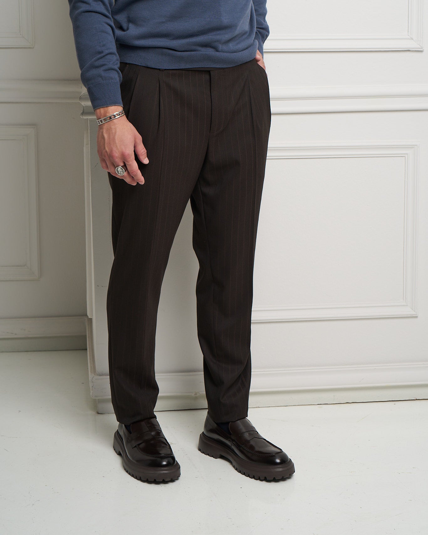 Chocolate Brown Pinstripe Tailored Slim Fit Trousers