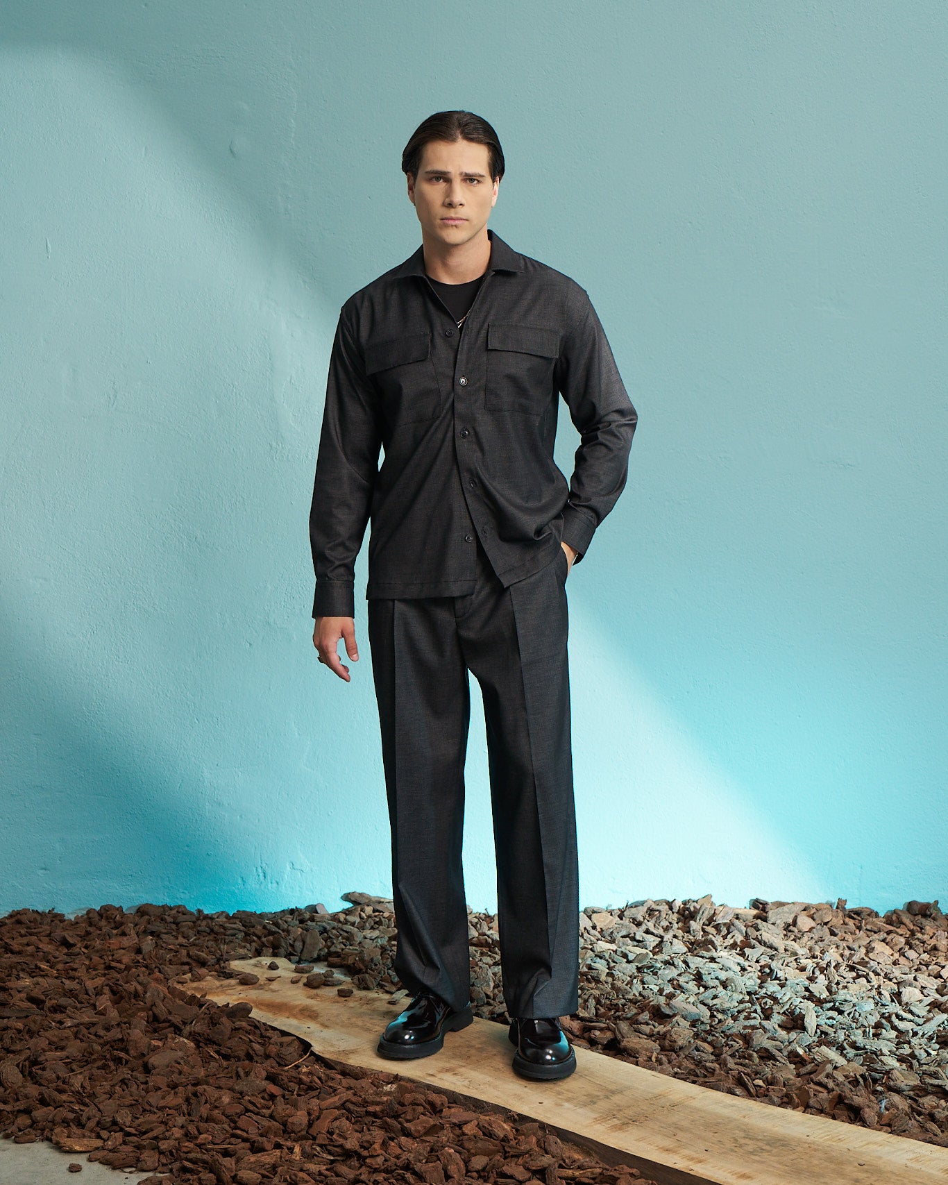Black Double Pleated Wide Leg Tailored Trousers