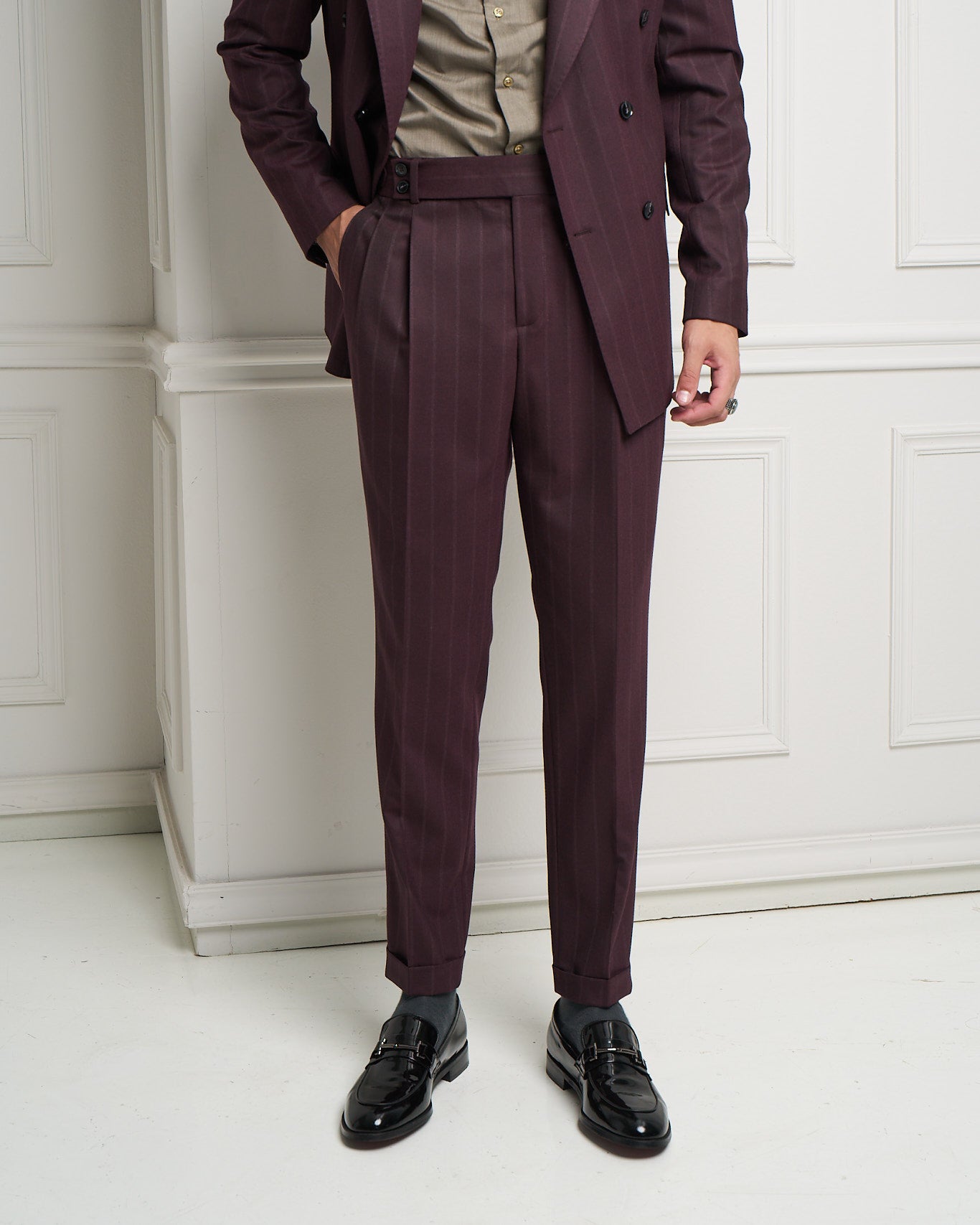 Burgundy Pinstripe Gurkha Tailored Slim Fit Trousers
