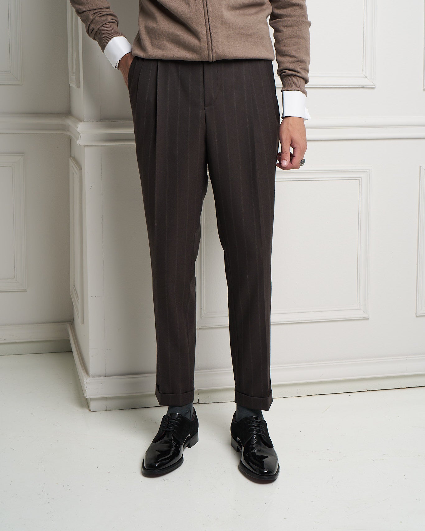 Chocolate Brown Pinstripe Tailored Slim Fit Trousers