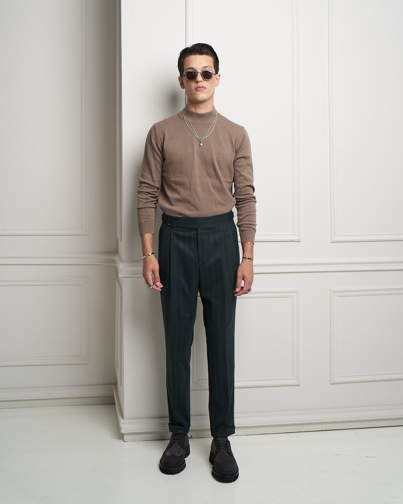 Garden Green Pinstripe Gurkha Tailored Trousers