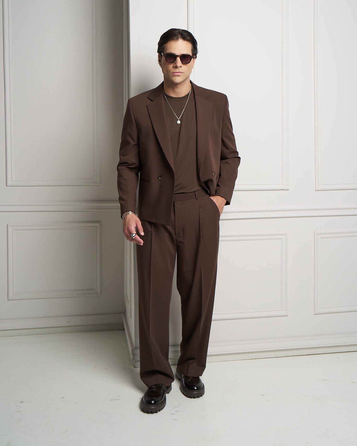 Chocolate Brown Wide Leg Pleated Trousers