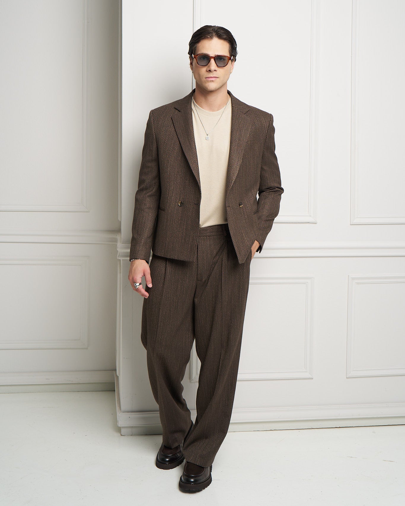 Chocolate Herringbone Wide Leg Pleated Trousers