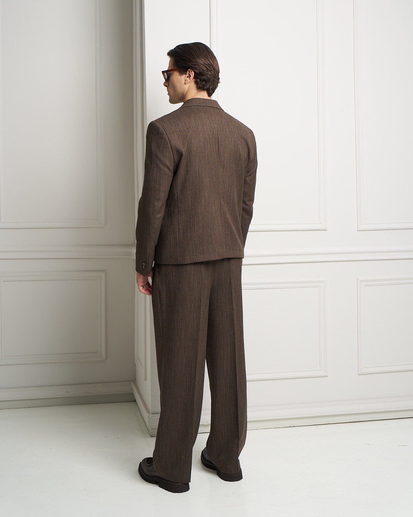 Chocolate Herringbone Wide Leg Pleated Trousers