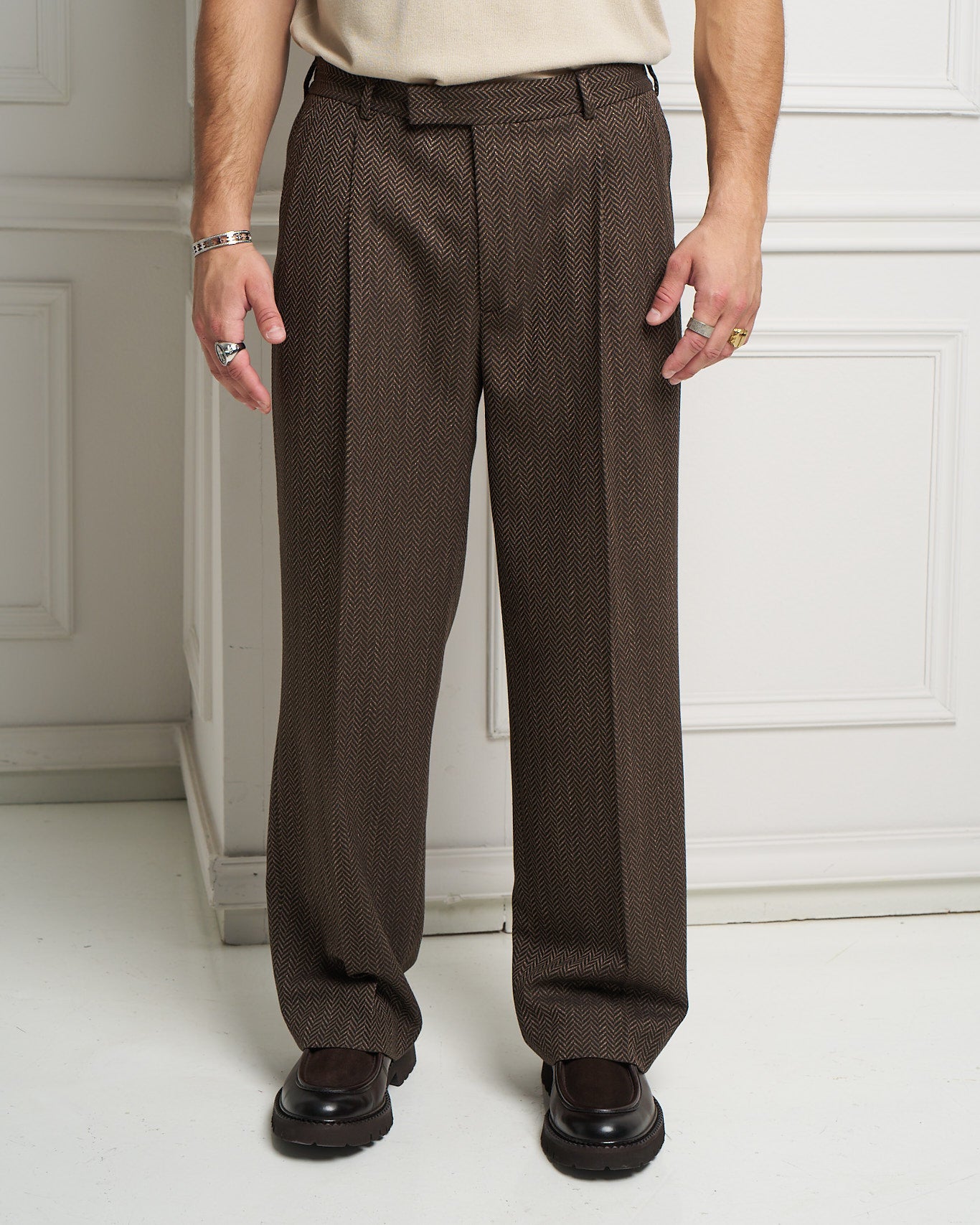 Chocolate Herringbone Wide Leg Pleated Trousers