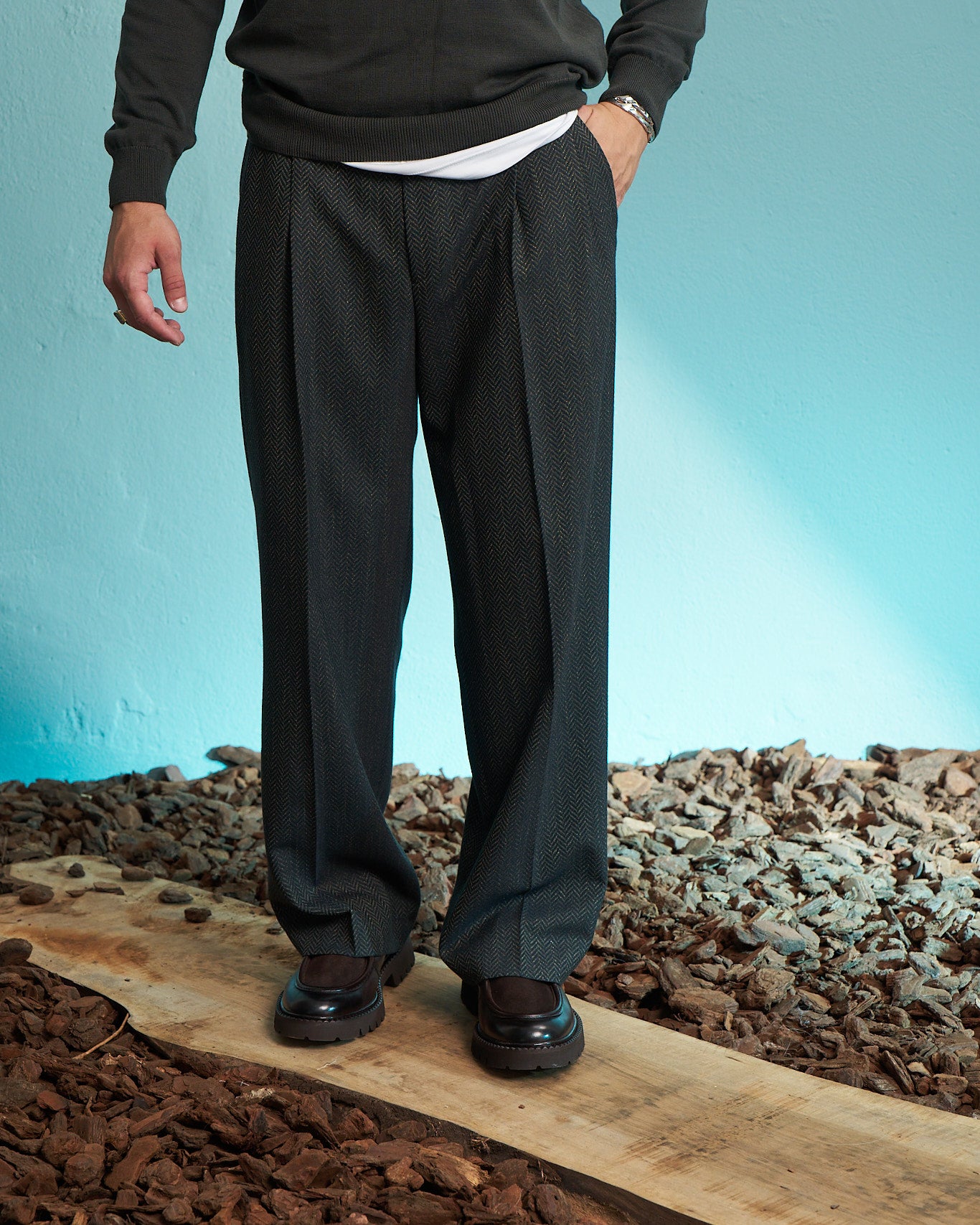 Olive Herringbone Wide Leg Pleated Trousers