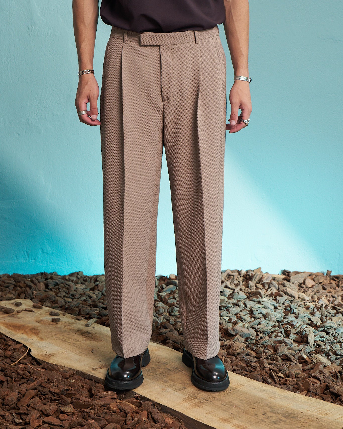 Fango Textured Wide Leg Pleated Trousers