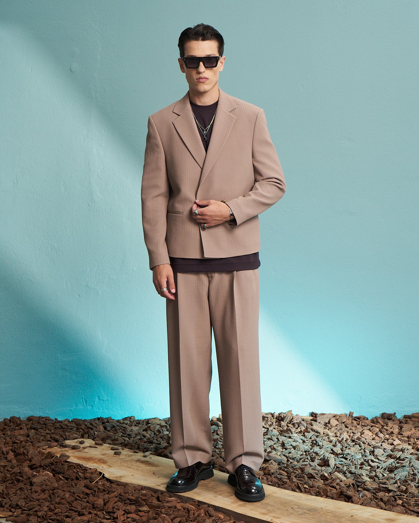 Fango Textured Wide Leg Pleated Trousers