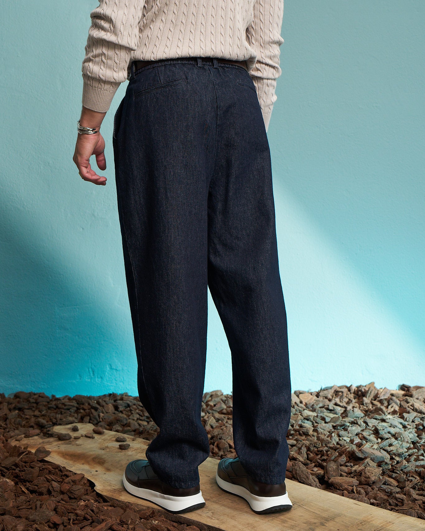 Indigo Relaxed Denim Pleated Trousers