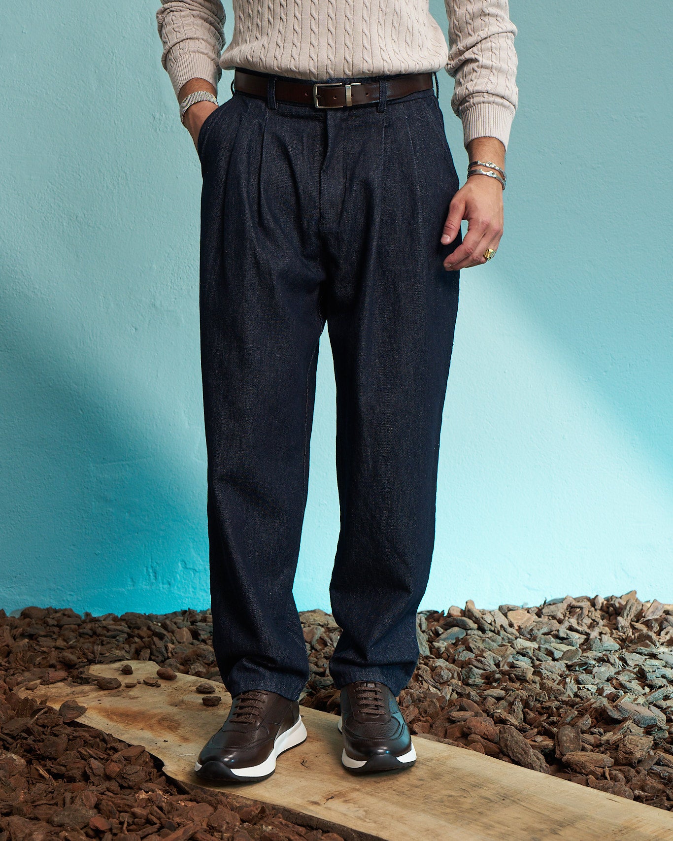 Indigo Relaxed Denim Pleated Trousers