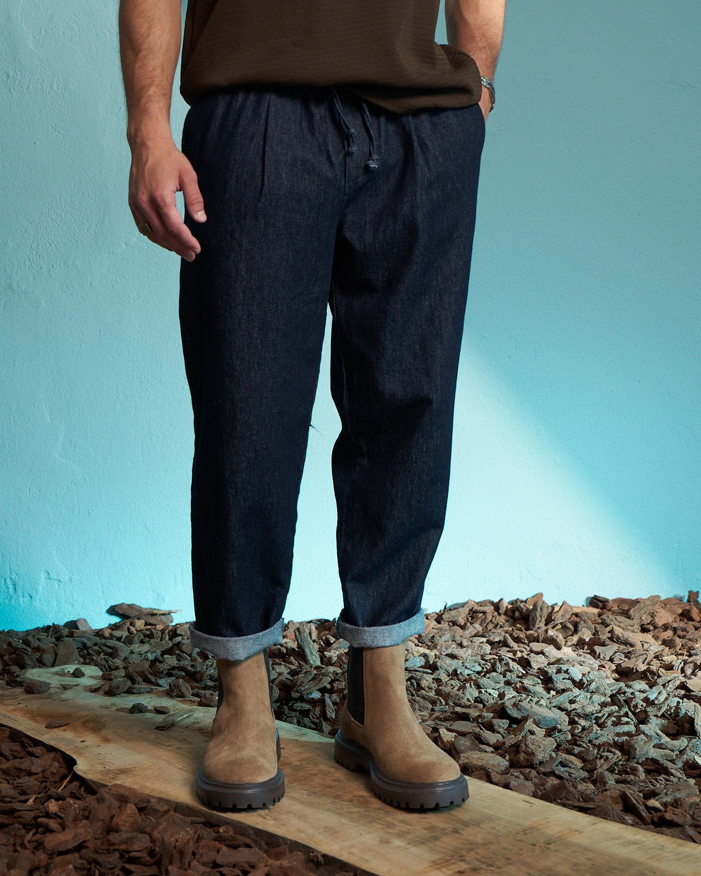 Dark Indigo Relaxed Drawstring Denim Trousers