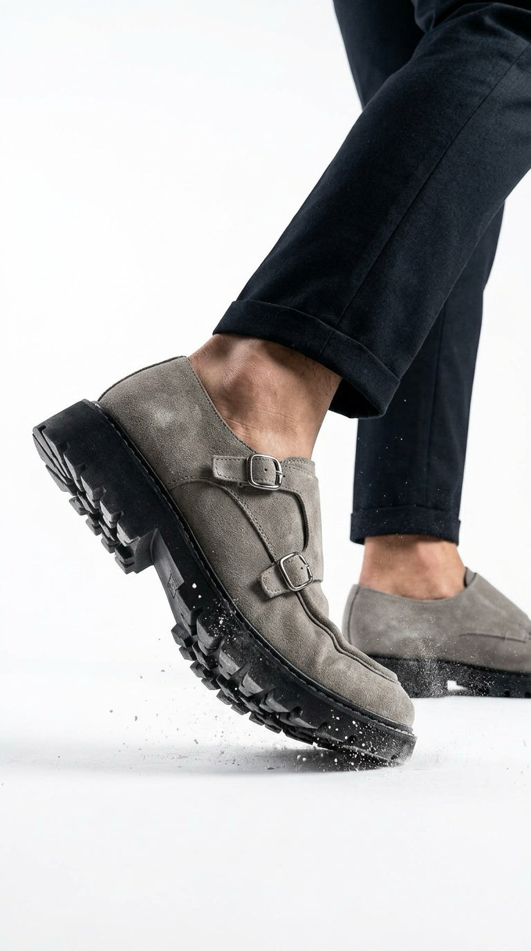 Suede Double Monk Strap Shoe - Light Grey