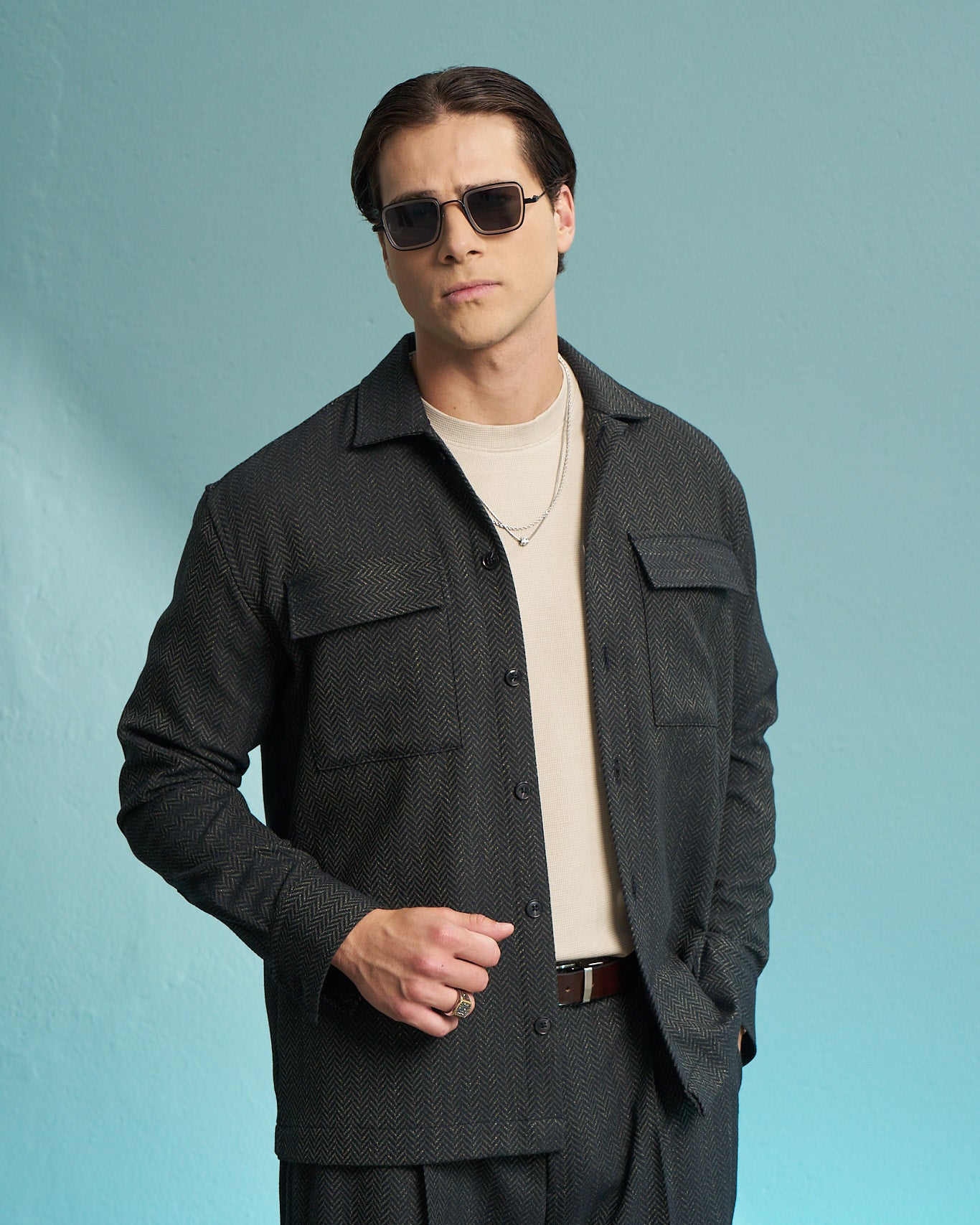 Olive Herringbone Utility Overshirt