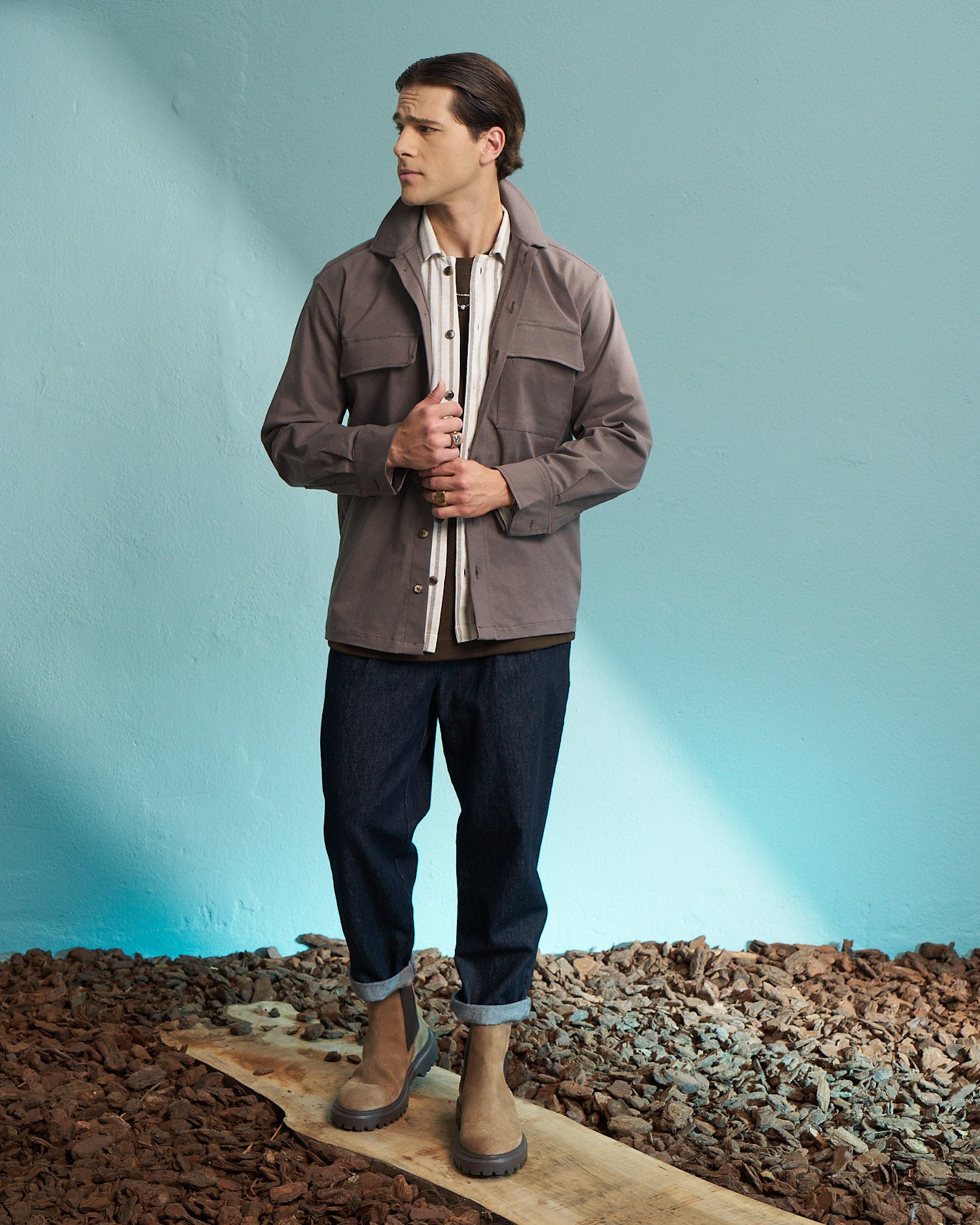 Brown Striped Utility Overshirt