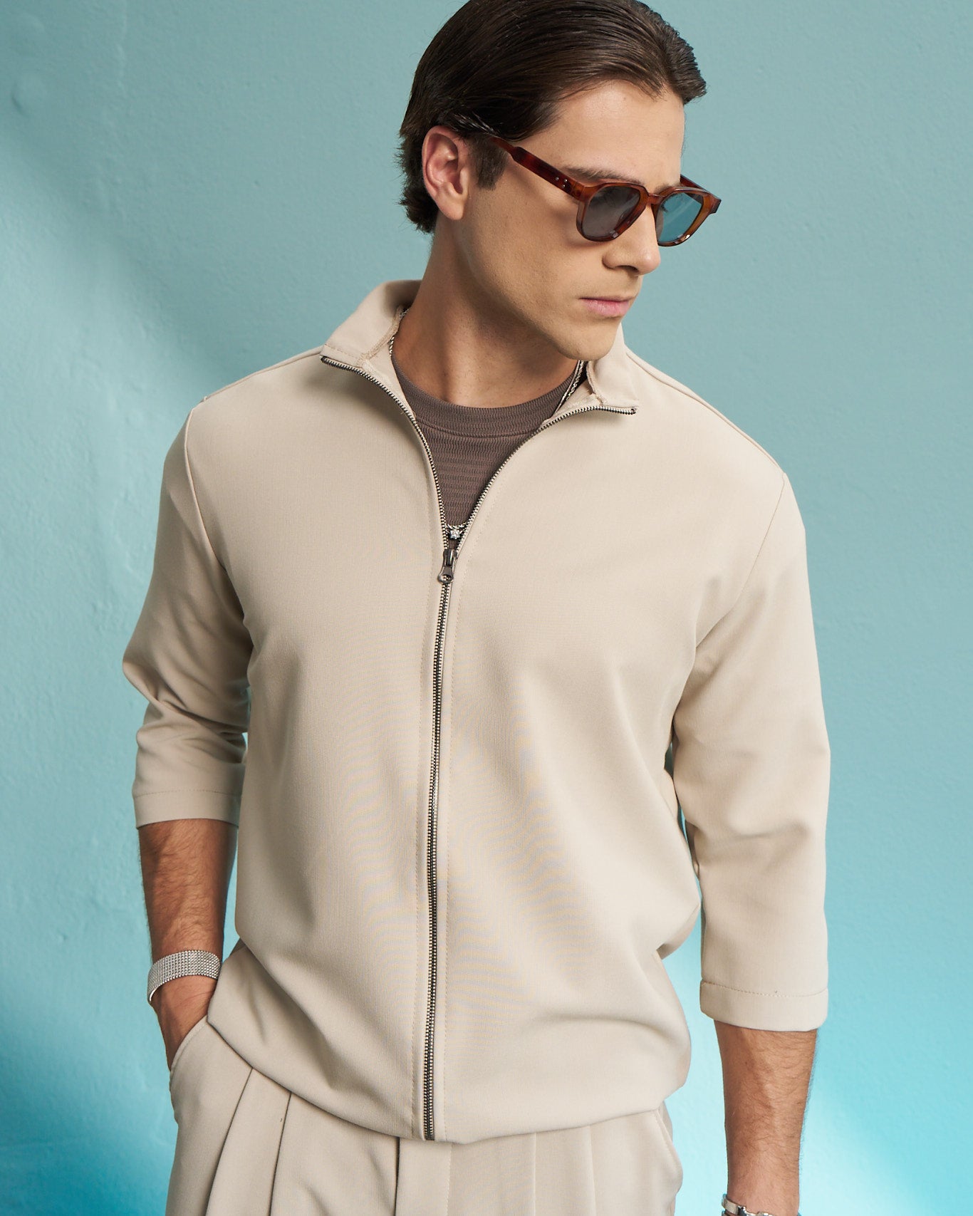 Cream Minimal Zip Jacket