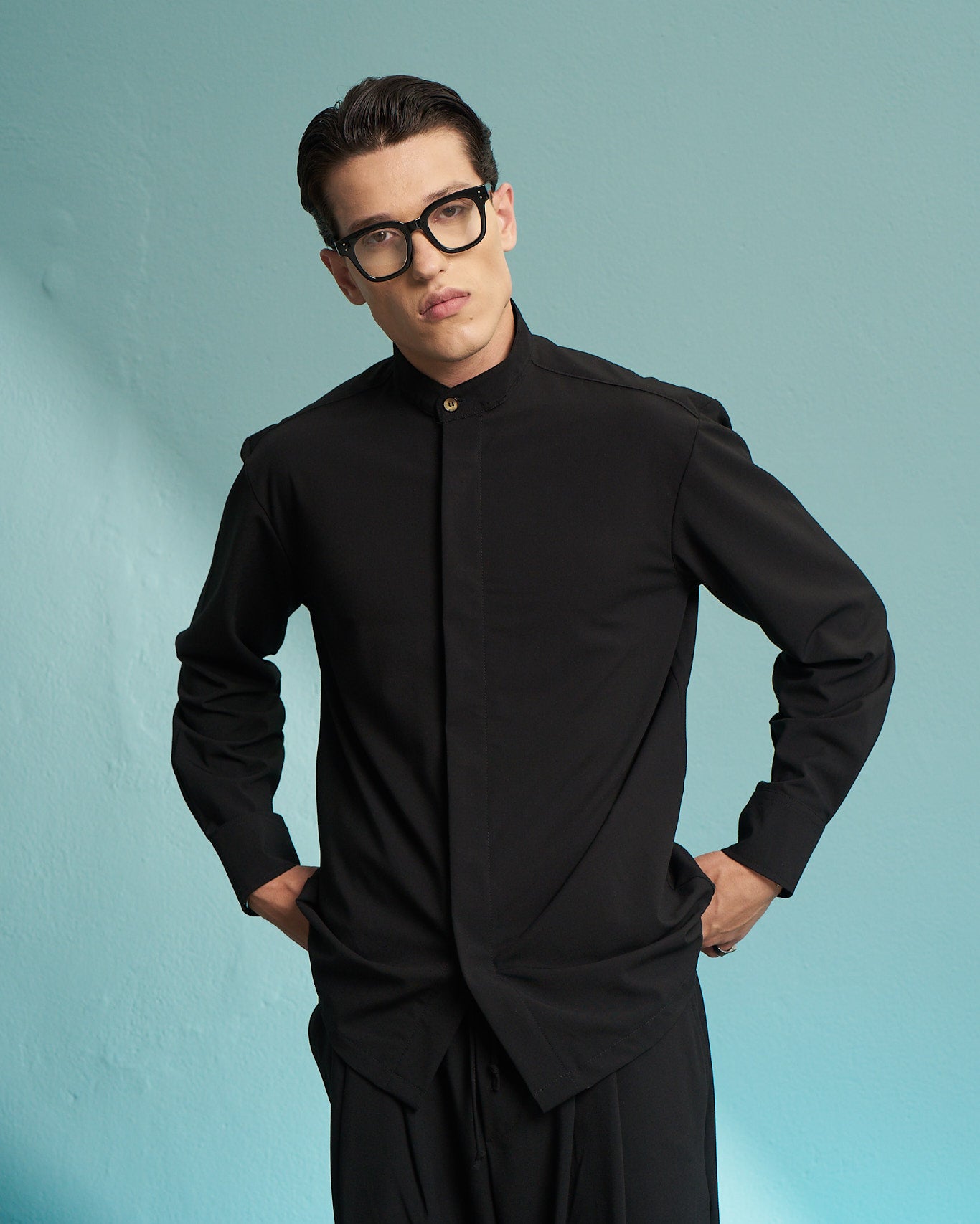 Black Grandad Collar Shirt