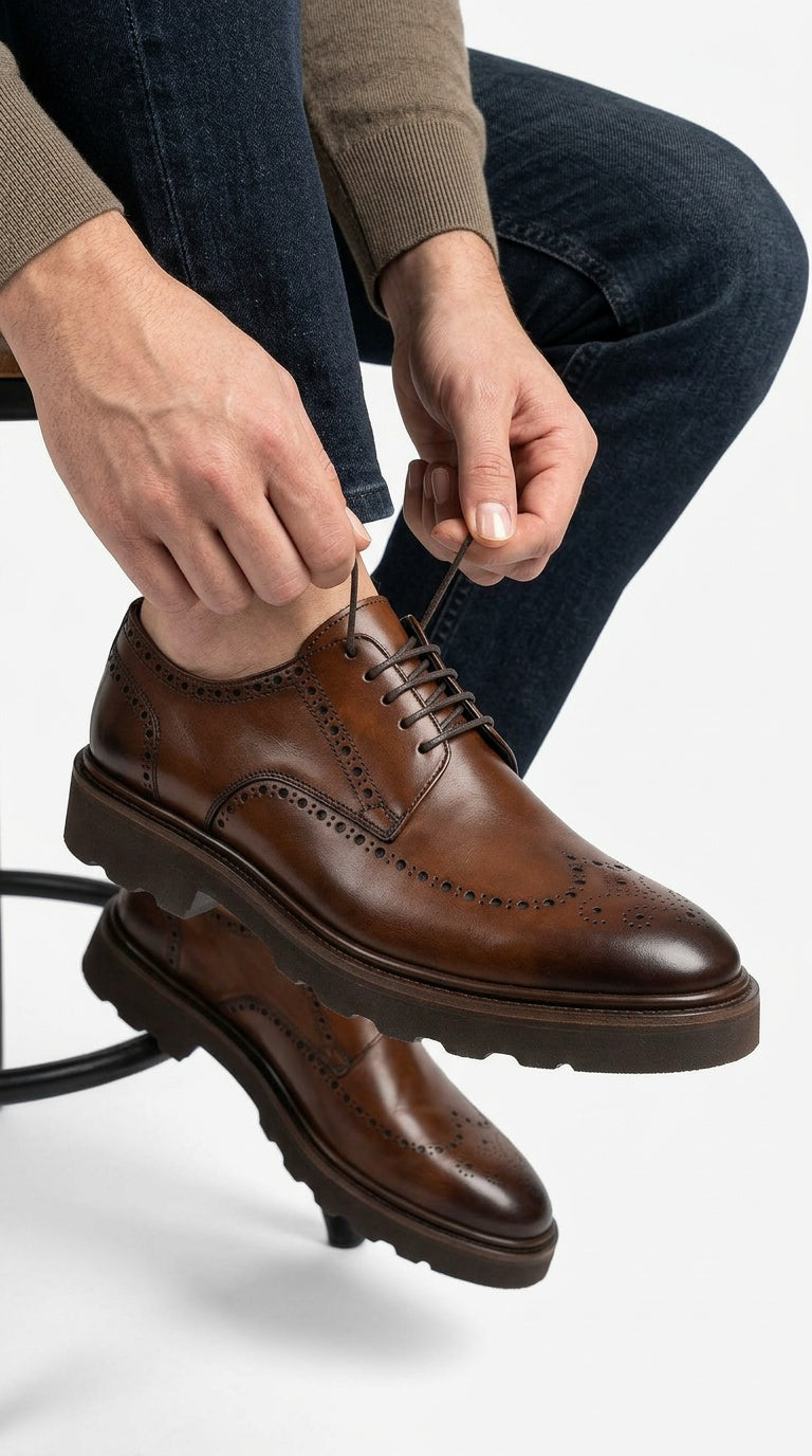 Leather Wingtip Derby Shoe - Cognac